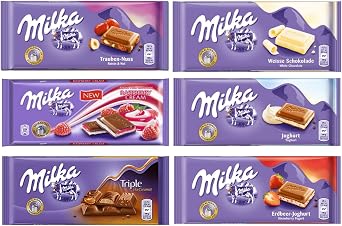 Milka Assorted Chocolates 100g Variety Pack Raisin & Nut/Raspberry Creme/Triple Caramel/White, 6 Bars