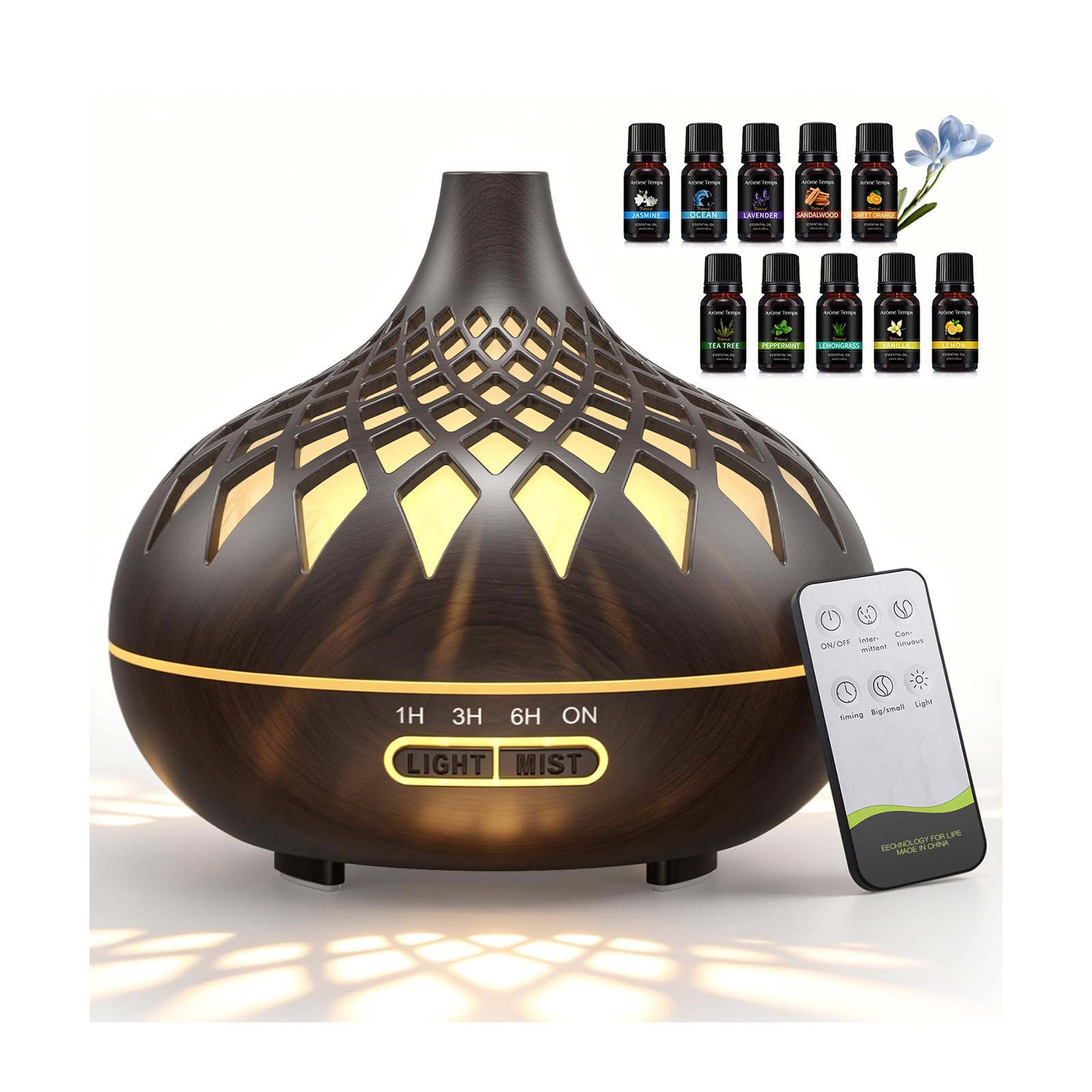 Imagen del producto: Difusor de Aceites Esenciales, 500ML Humidificador de Aire con Control Remoto, 14 Colores LED, Temporizador, Apagado Automátic, Difusor de Aromas para Casa y Oficina (10 Aceites Esenciales)