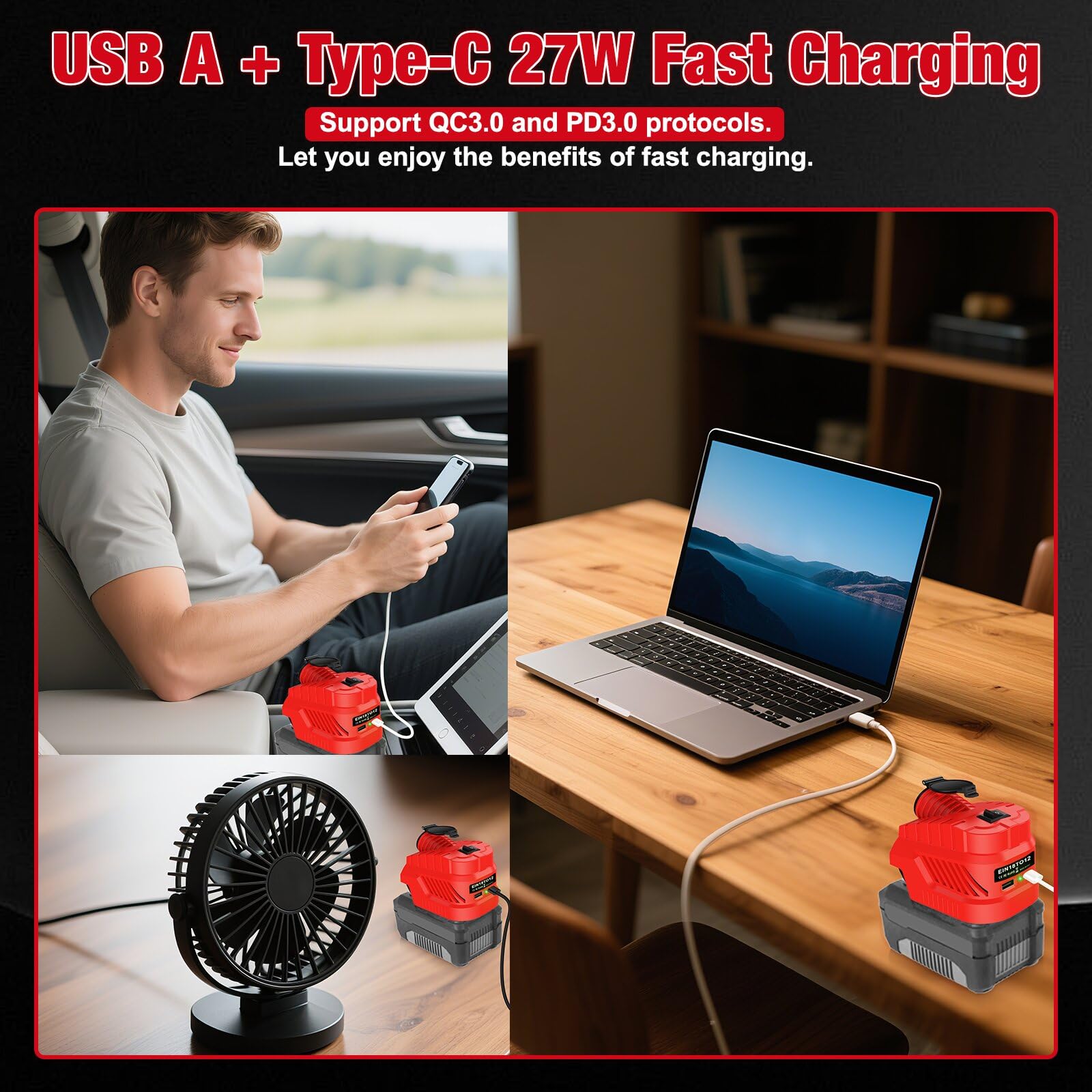 Step Down - Convertidor de batería para Einhell (18 V a 12 V) | Fuente de alimentación de 240 W para dispositivos de vehículo para nevera de coche, cargador USB Type-C