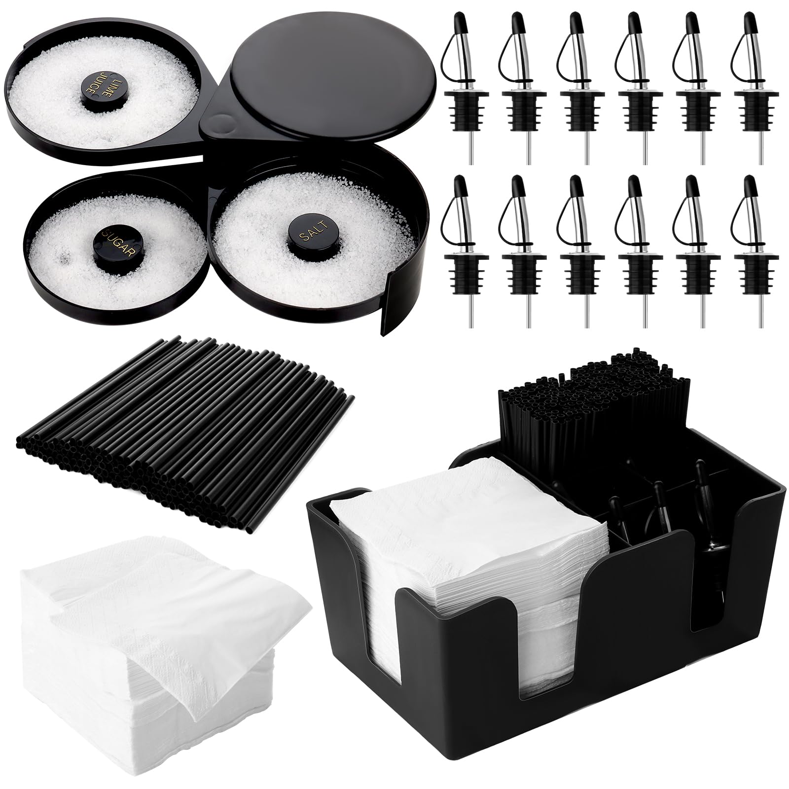 Accesorios de herramientas de camarero de 3 niveles con 12 piezas de acero inoxidable para licor de vertido con 6 compartimentos y 200 servilletas, 500 pajitas de cóctel negras