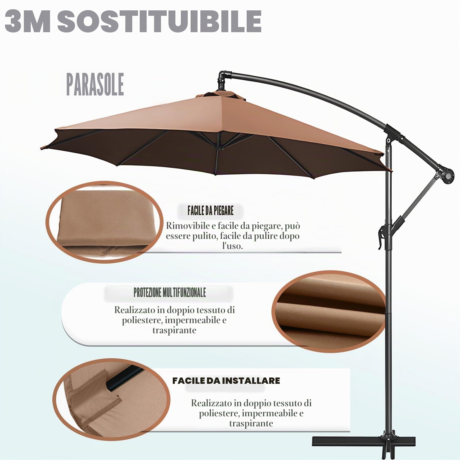 Parasole di ricambio per ombrellone da giardino, 3 m, impermeabile, con parasole,copertura di ricambio per 8 montanti, baldacchino di ricambio (Beige, 3M/8 Ribs)