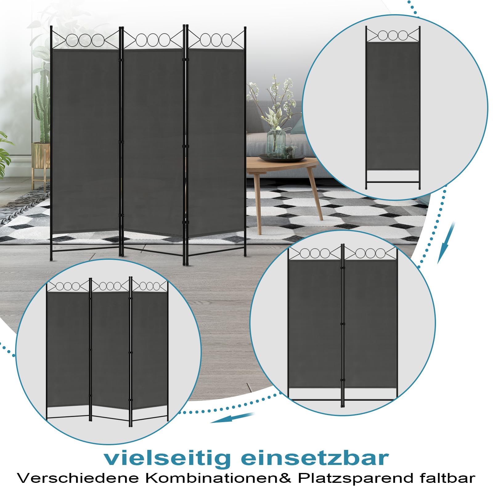 WOLTU Paravent 3 Teilig 167 x 172 cm, Raumteiler klappbar freistehend Sichtschutz, Raumtrenner innen Outdoor Garten Balkon Büro, Dunkelgrau