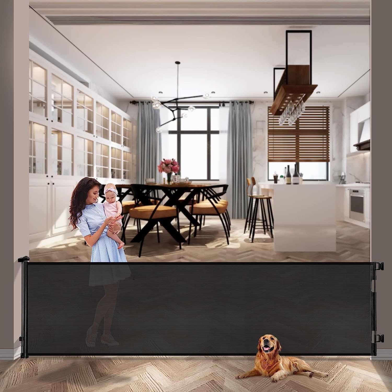 Retractable Baby Gate,Mesh Baby Gate or Mesh Dog Gate,33" Tall,Extends up to 140" Wide,Child Safety Gate for Doorways, Stairs, Hallways, Indoor/Outdoor?Black,33"x140"