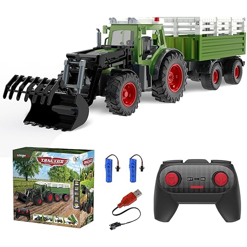 kolegend Remote Control Tractor with RC Dump Trailer & Front Loader, Kids RC Tractor Toy 2.4Ghz Remote for Driving and Dumping, 8 Wide Wheels &Lights, Farm Toy for Kids Ages 3+