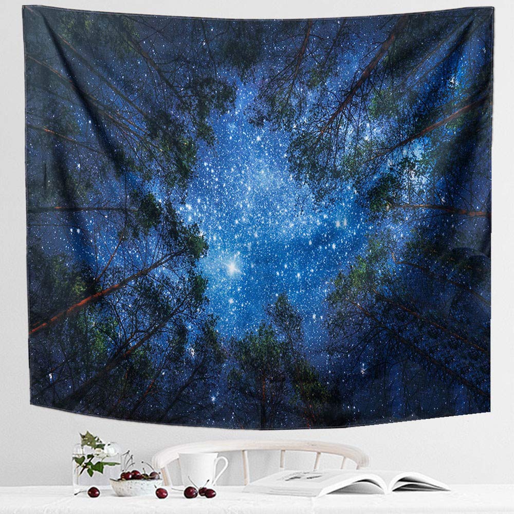 IcosaMro Forest Tapestry Wall Hanging Starry Night Blue Sky Wall Decor Art (Hemmed Edges) for Bedroom Living Room College Dorm, 60x82.7 Inch, Blue — image 1