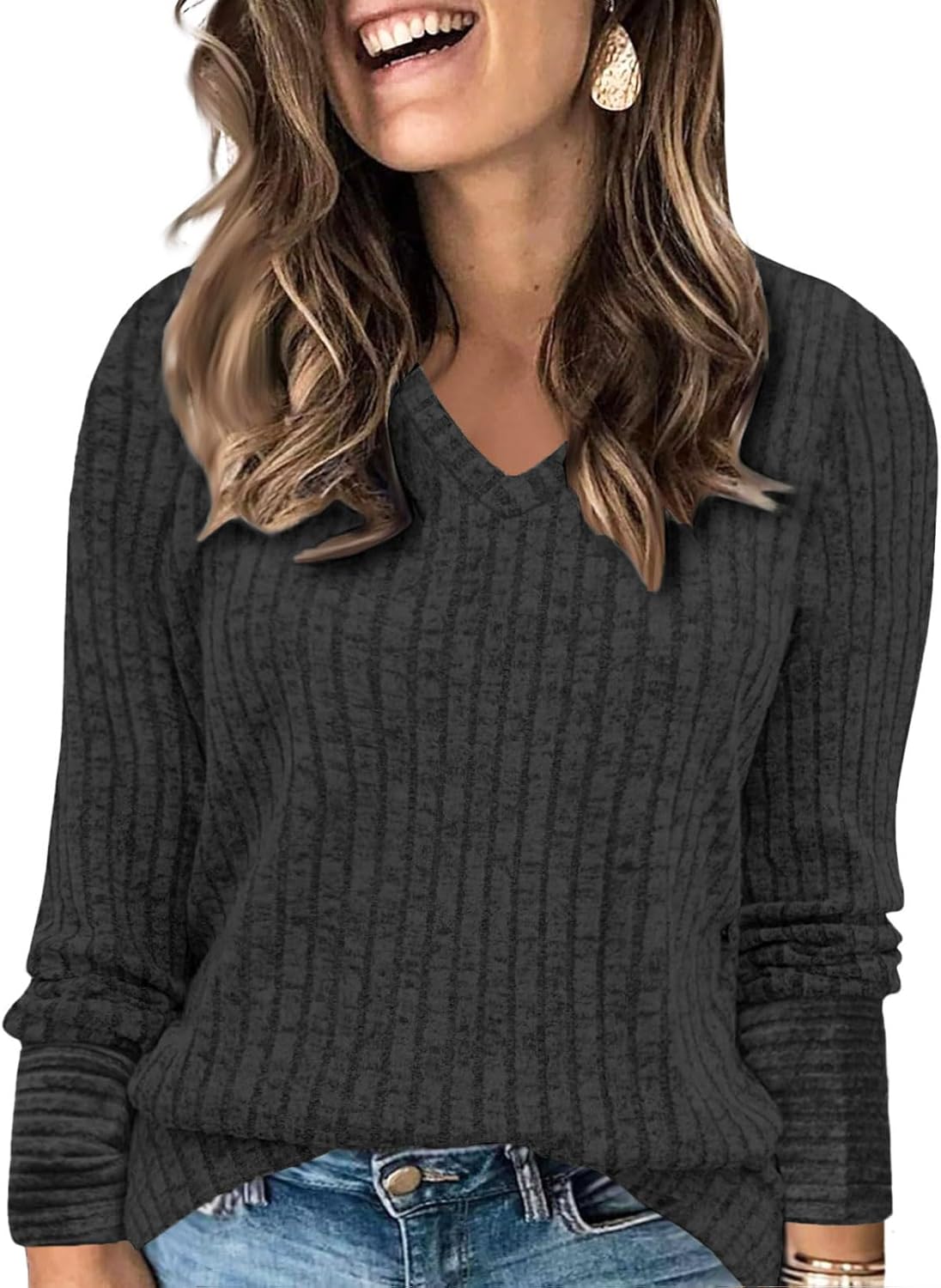 VISLILY Womens-Plus-Size-Dressy-Tops Casual V Neck Long Sleeve Shirts Lightweight Knit Sweaters Comfy Tunics Blouses XL-5XL