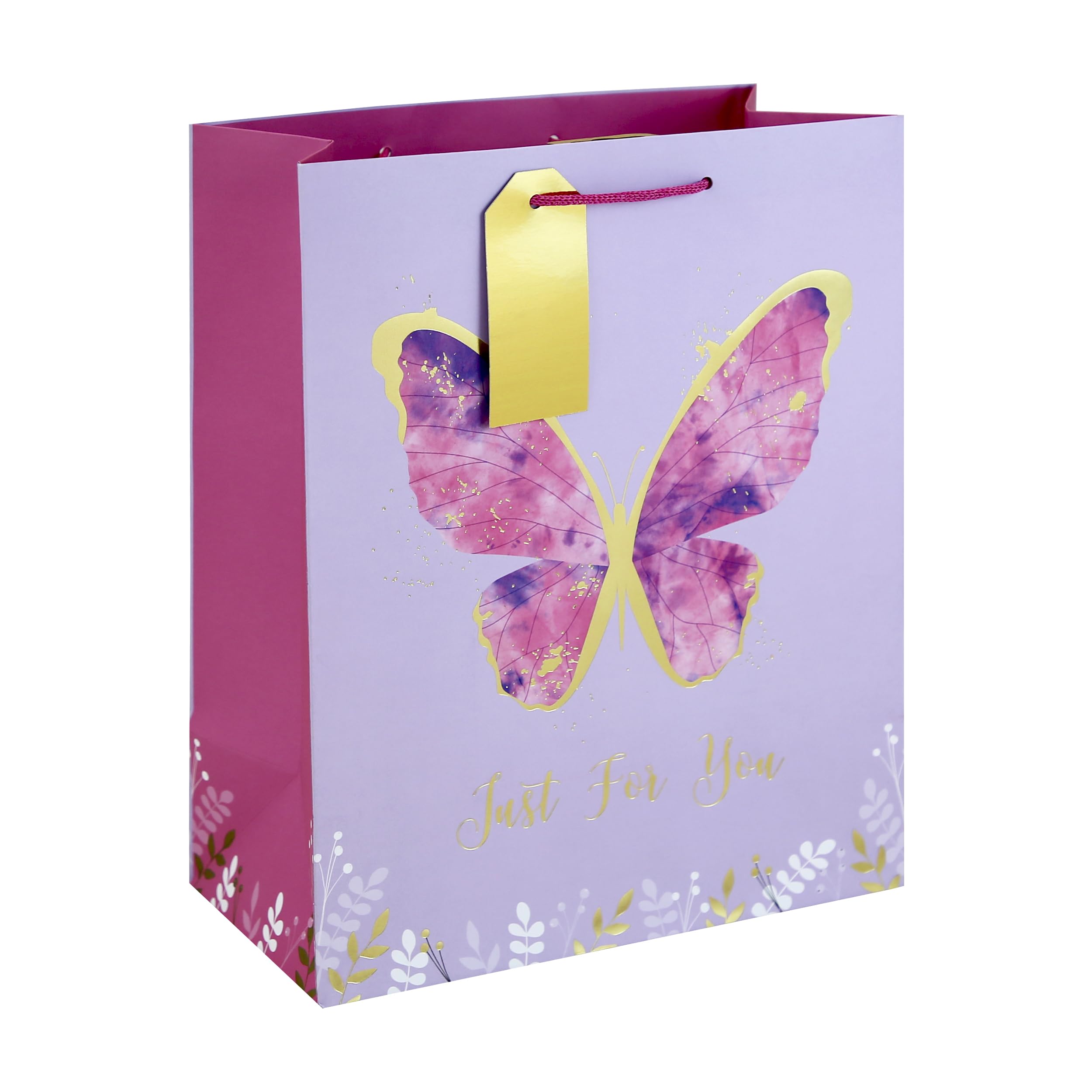 Eurowrap Butterfly Large Gift Bags Pack of 6 – Just For You Present Bags with Pink & Purple Butterfly Design, Gold Foil & Paper Woven Handles – Gift Bags for Girls, Women, Birthday & Valentine’s Day
