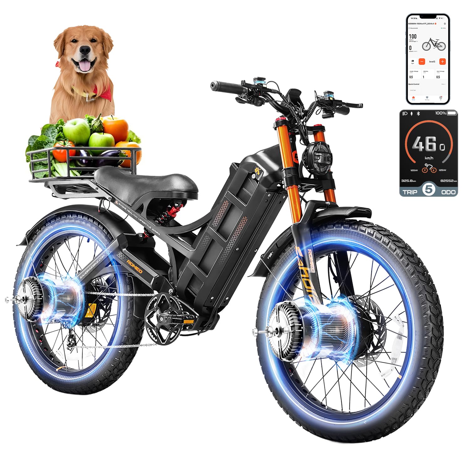[2025 Upgraded] Romeo Pro 3 Adults Electric Bike 5000W 50MPH Dual Motor Electric Bike 60V 80AH Long Range Electric Mountain Bike Air Damper Full Susepension System, UL2849