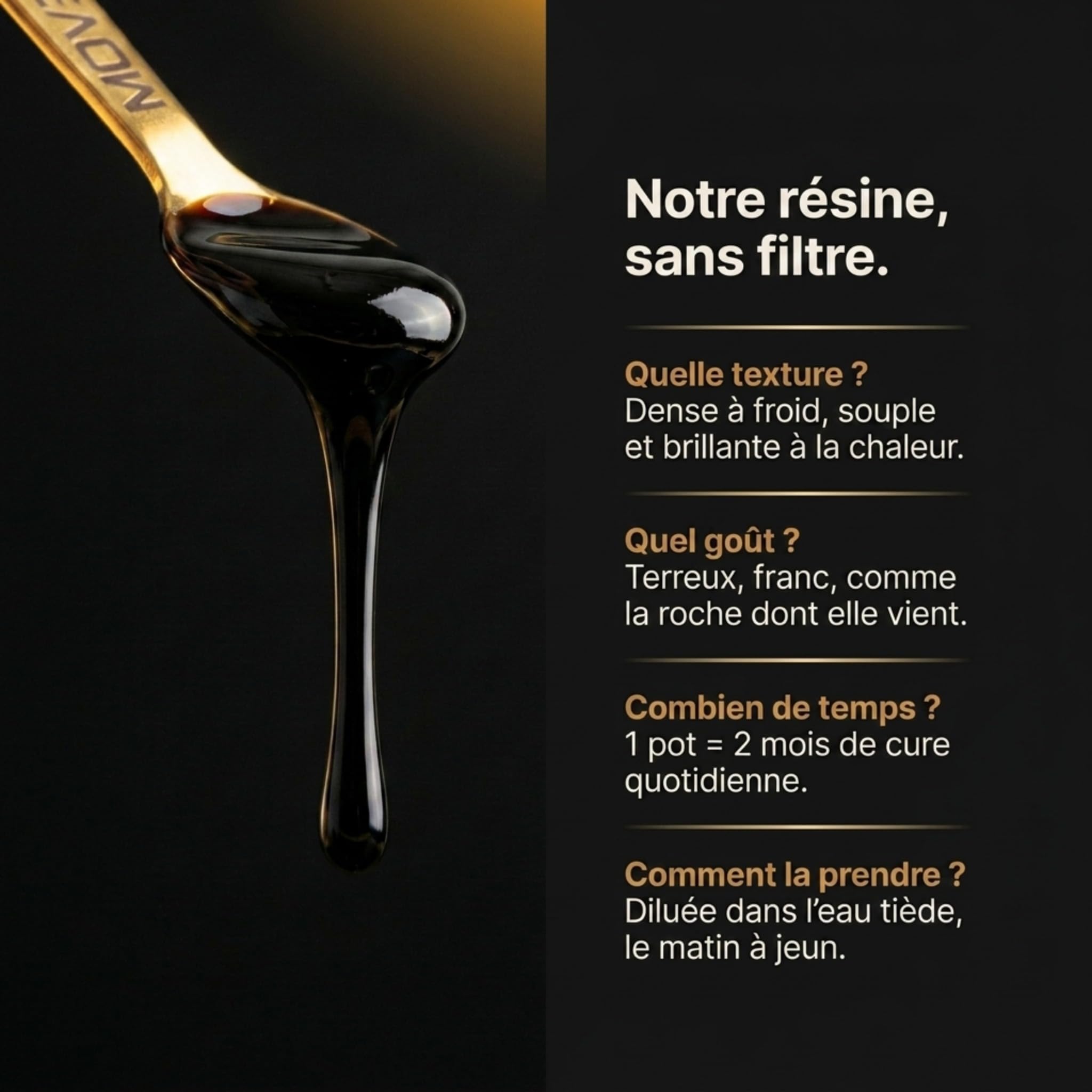 Shilajit+ Movezen, Résine de Shilajit Pure Naturelle 30 g, +75% Acide Fulvique, Himalaya 5000 m, 85 Minéraux & Oligo-Éléments, Analysé Eurofins France, Sans Additif, 600 mg, 50 Jours, Halal, Cuillère