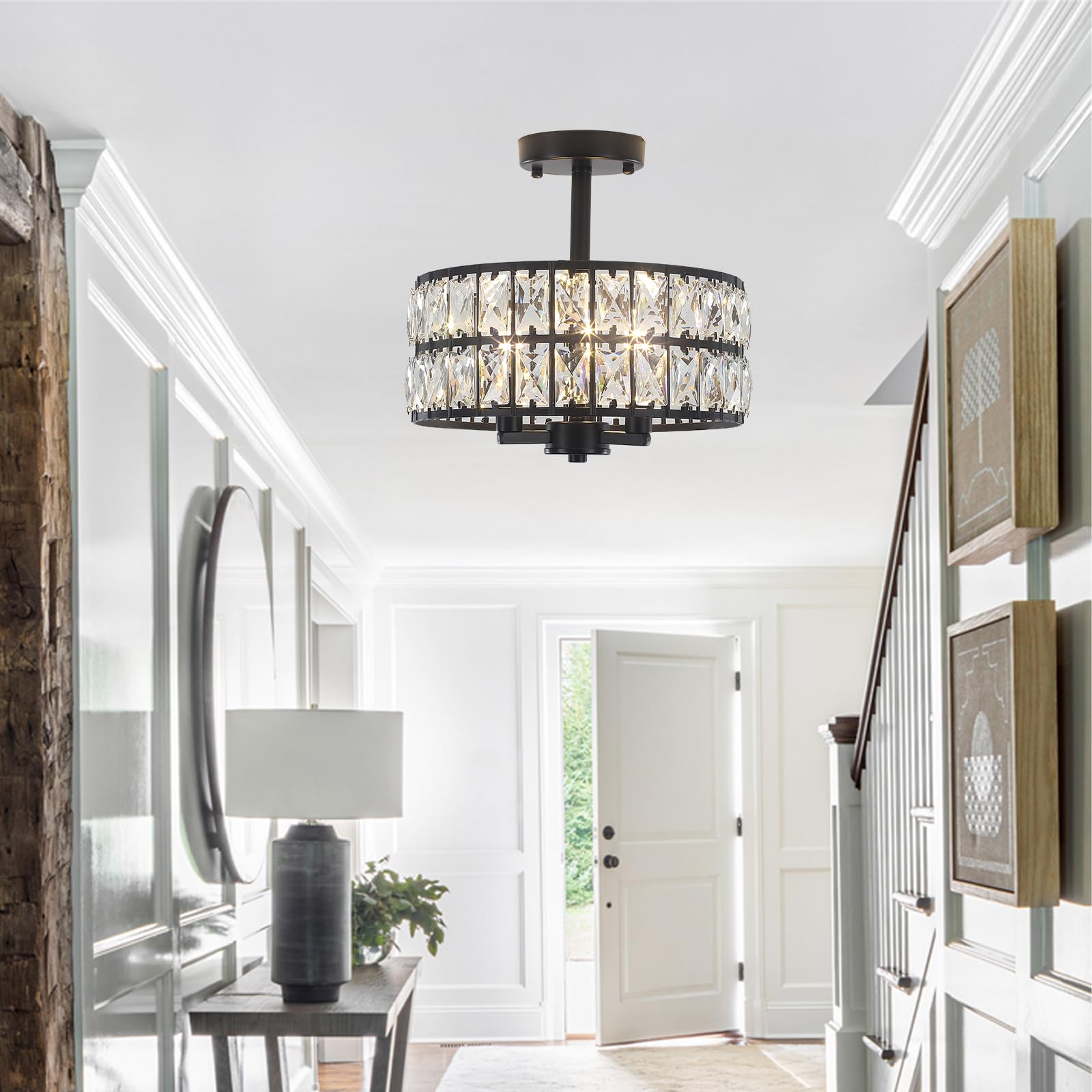 Black Flush Mount Ceiling Light, 2- Light Caged Crystal Chandelier