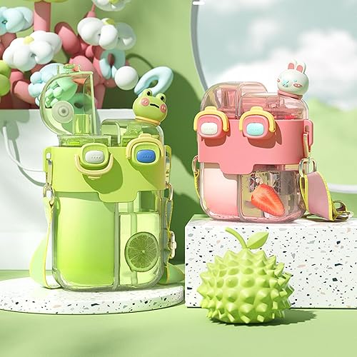 Miniatura 3 de Fdit Botellas de agua Kawaii con pajilla, botella de agua doble de plástico a la moda, correa ajustable para deportes, fitness, gimnasio, campamento
