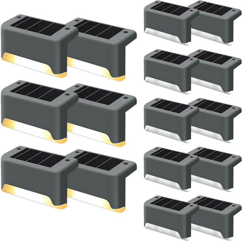 GIGALUMI Luces Solares para Exteriores Pack de 16, Luces para Escaleras, Impermeables, Iluminación LED para Escaleras Exteriores, Escalones, Vallas, Patios, Terrazas, Gris, Blanco Cálido