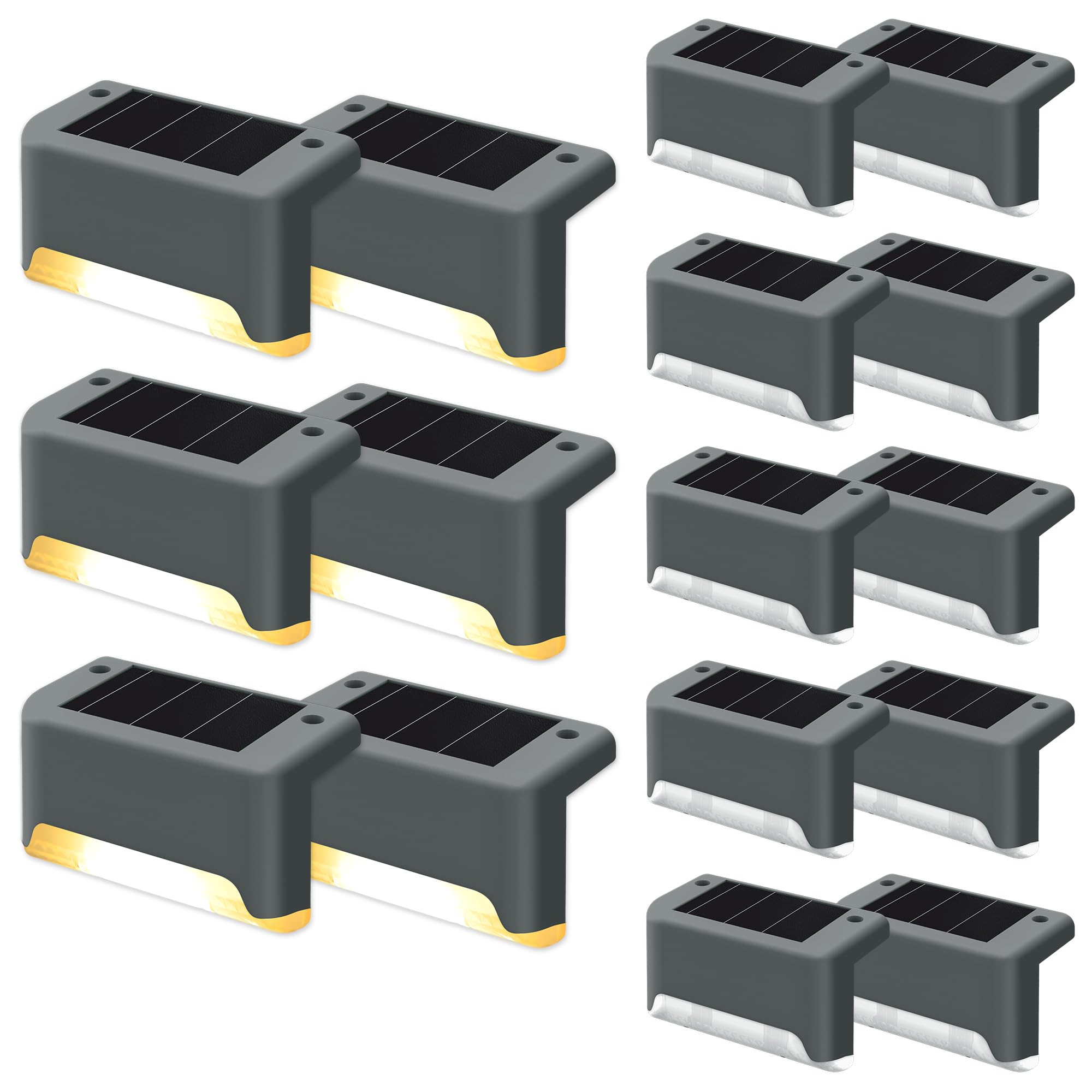 GIGALUMI Luces Solares para Exteriores Pack de 16, Luces para Escaleras, Impermeables, Iluminación LED para Escaleras Exteriores, Escalones, Vallas, Patios, Terrazas, Gris, Blanco Cálido - 1