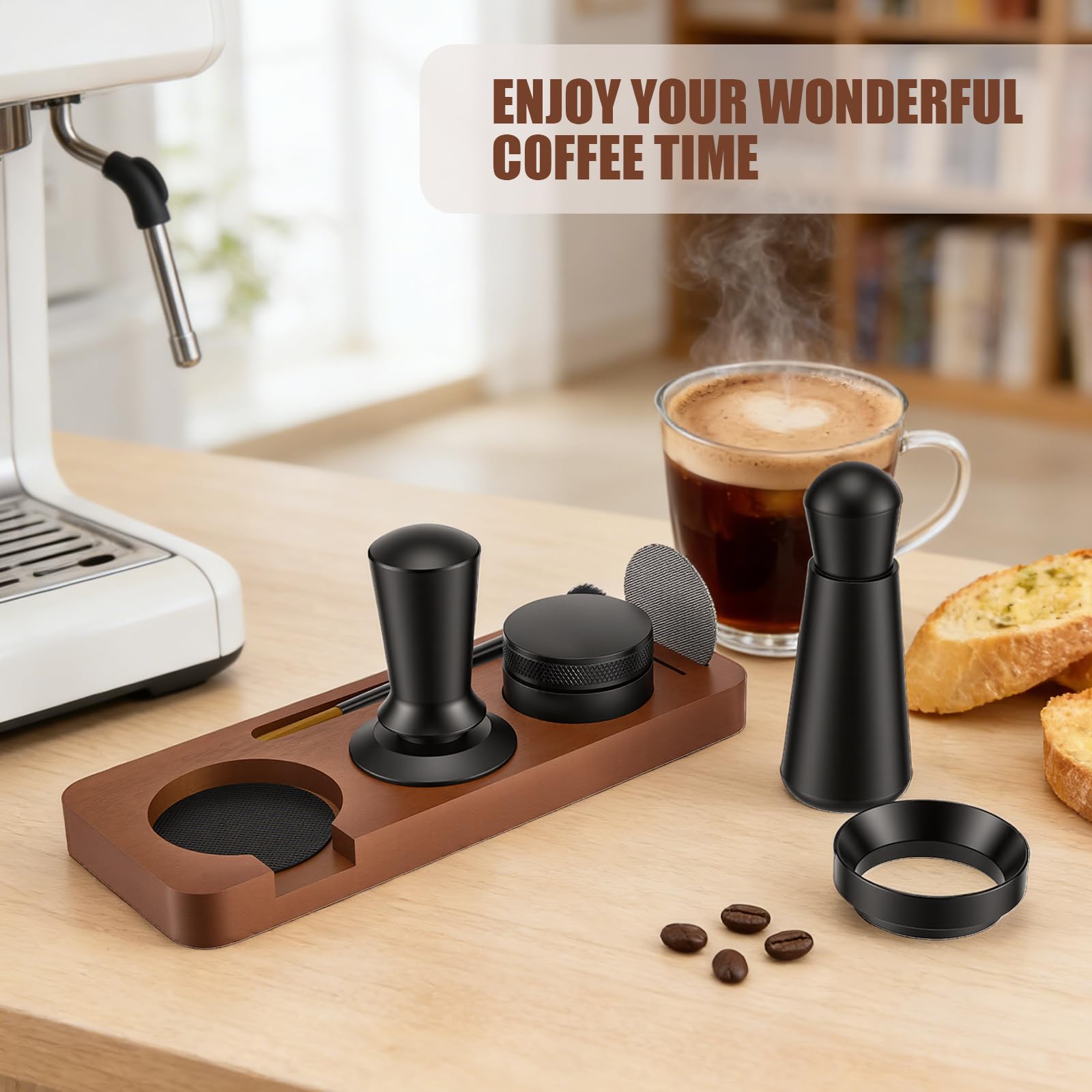 Kit Barista Caffè 7 Pezzi, Tamper 51mm Stazione di Pressatura, Distributore per Caffè, Strumento WDT, Anello Dosatore Magnetico, Filtro Puck, Spazzola Set Accessori per Macchina Espresso Portafiltro