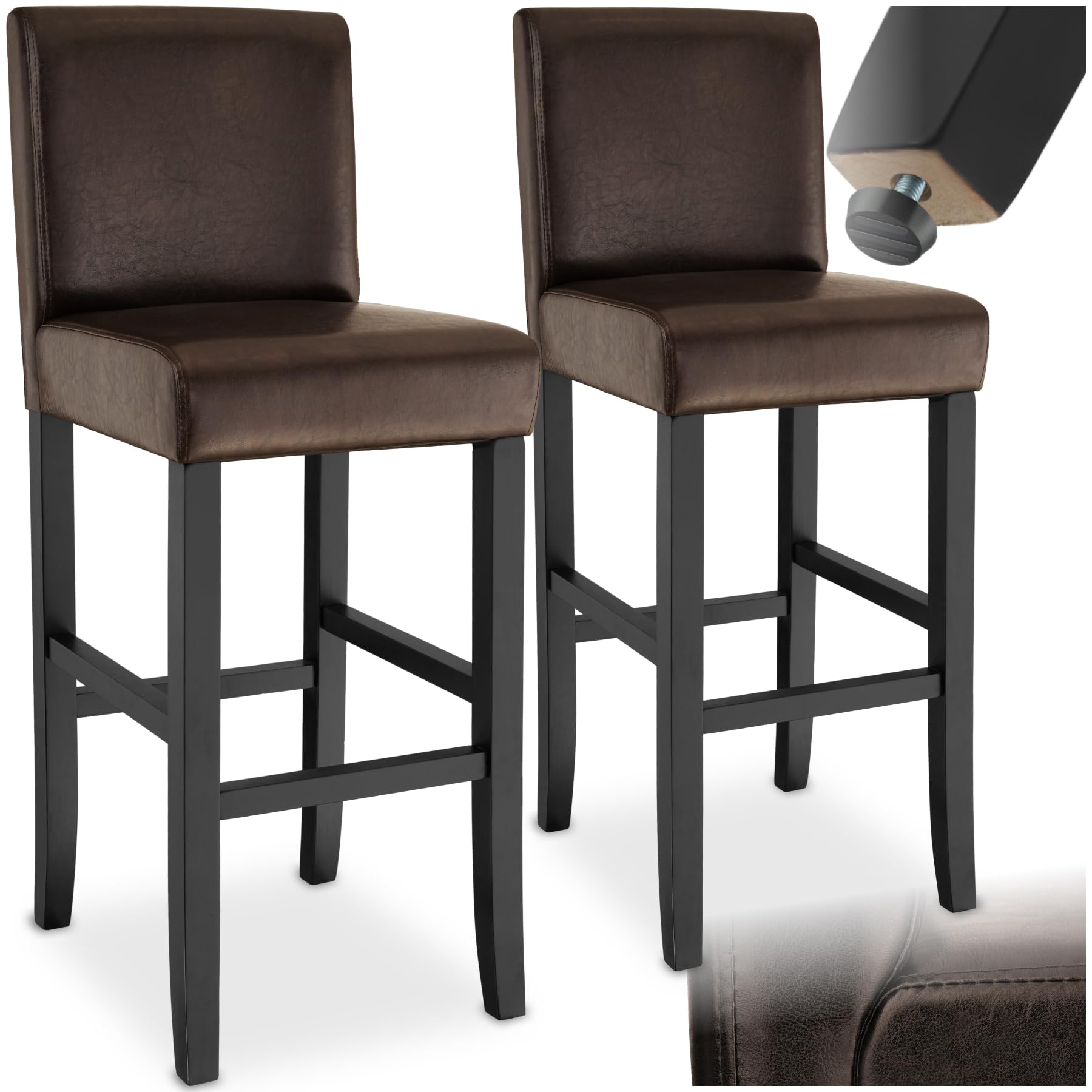 tectake® Set of 2 Bar Stools with Ergonomic Design, High-Gloss Hardwood Legs & Easy-Care Synthetic Leather, Counter & Kitchen Island Breakfast Bar Stool, PU Tall Chair with Optimal Comfort - Brown