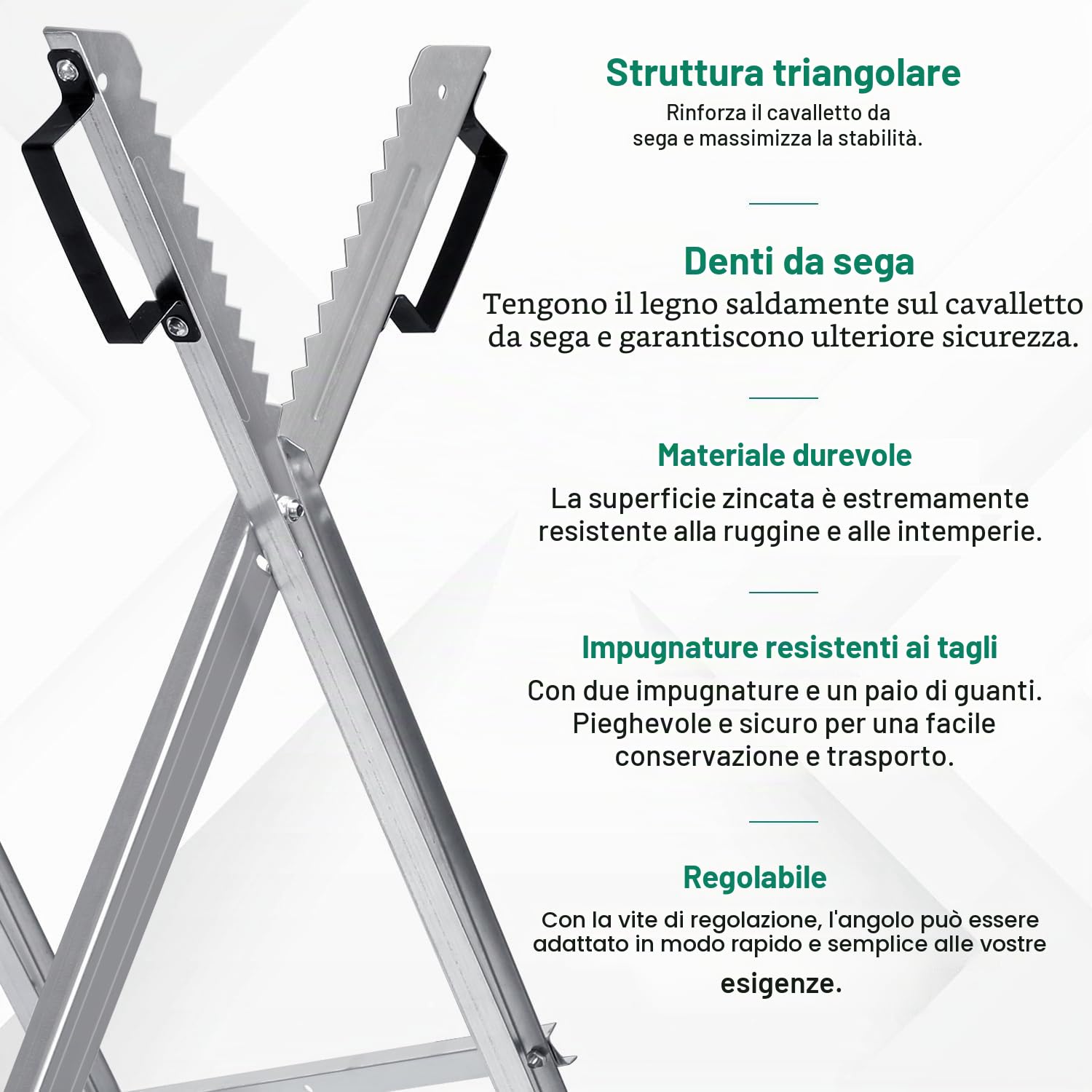 Cavalletto in metallo zincato e pieghevole, con 3 supporti per denti, portata fino a 150 kg, supporto per seghe a catena, per tronchi di alberi fino a Ø 23 cm