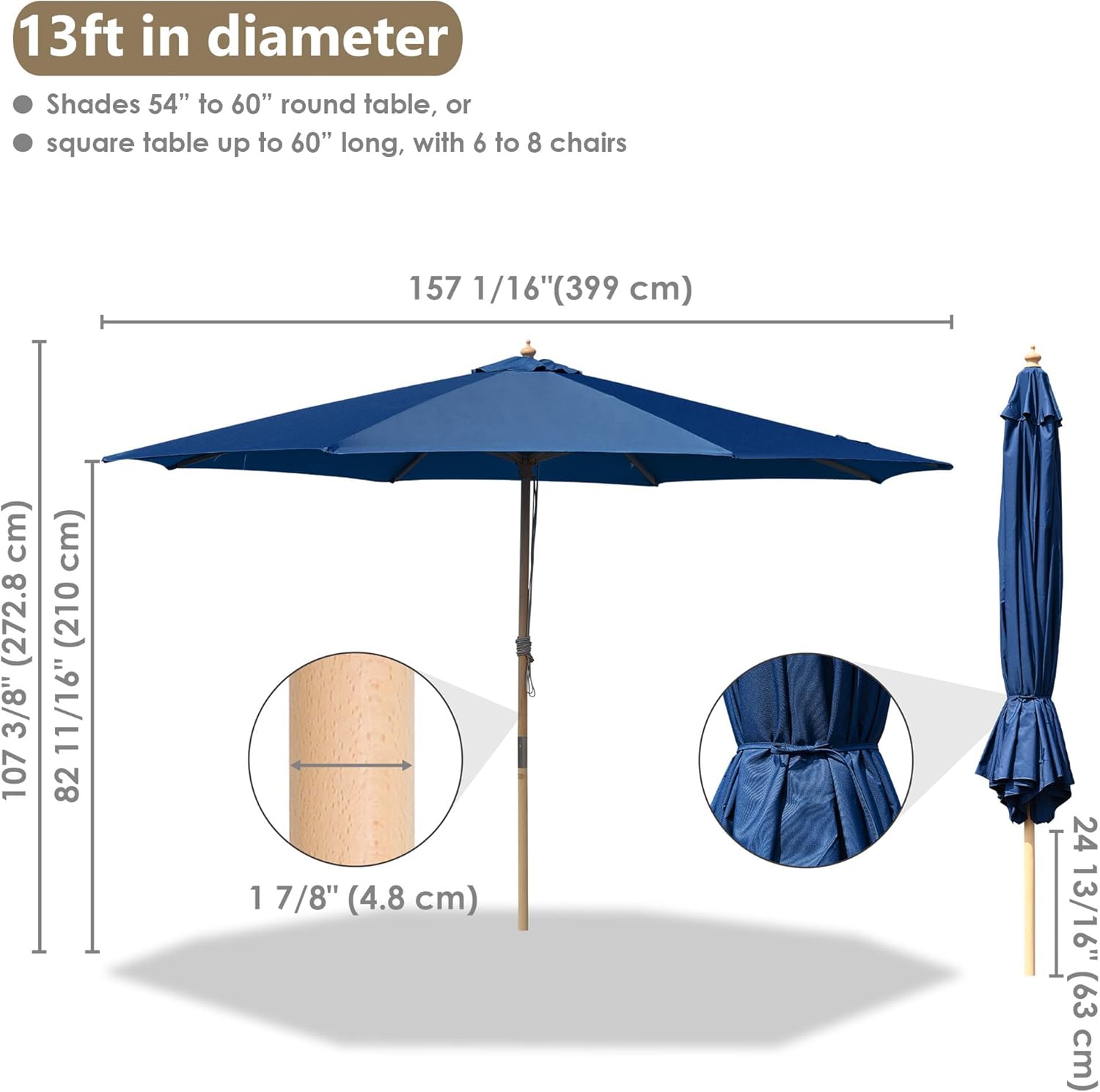 Yescom 13ft Coastal Solid Beech Wood Umbrella Pulley Lift Commercial Base with Wheel Included for Beach Club Seaside Restaurant Terrace Resort Poolside