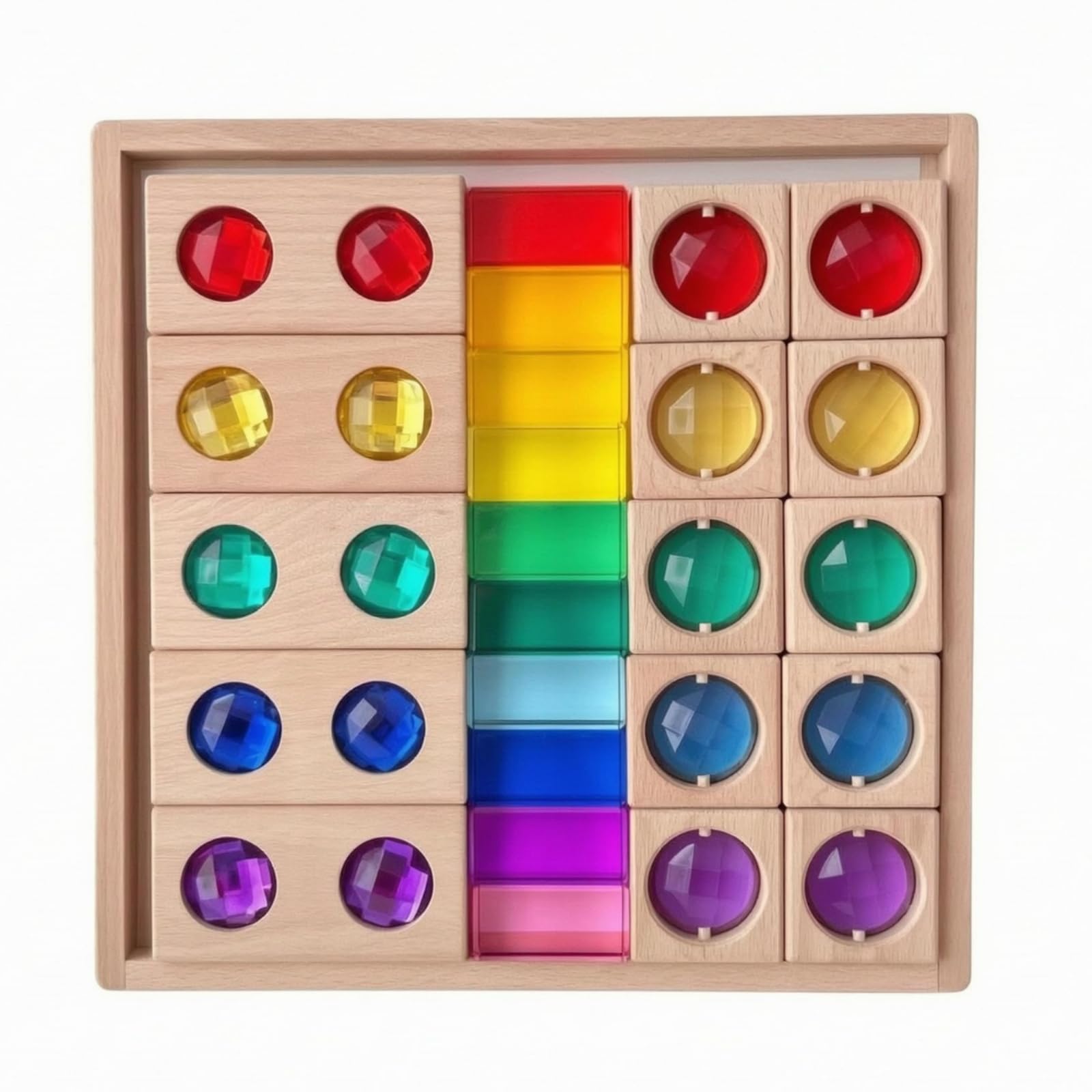 Sinnes-Stapelspiel transparent pädagogisch-Steckspiel farbig Regenbogen-Stapelspielzeug, Regenbogen-Edelsteine Und Holzblöcke Set 3