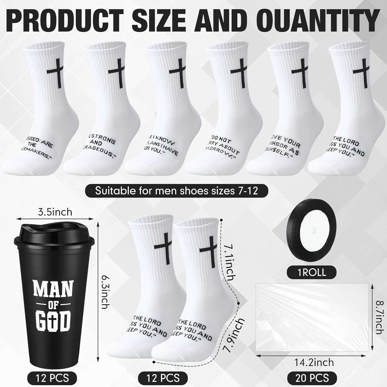 12 Sets Father's Day Gifts Man of God 16 oz Reusable Coffee Cups with Lids Christian Socks for Men Church Members Pastor Employee Coworker(Black, White)