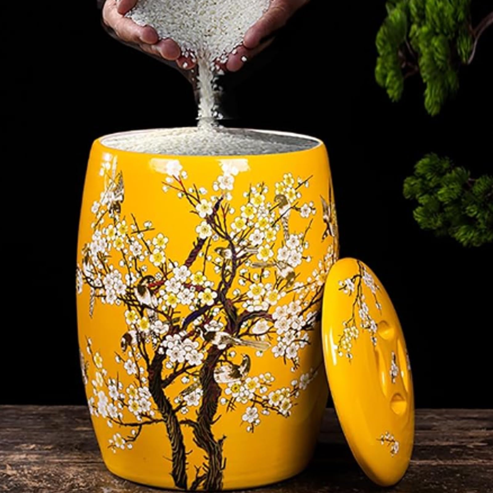 Barattolo per Alimenti，Barattolo da Cucina sigillato con Coperchio, Dispenser per Cereali，Contenitori in Ceramica per Alimenti Contenitore in Ceramica per Cereali e Riso(Yellow,12.5kg)