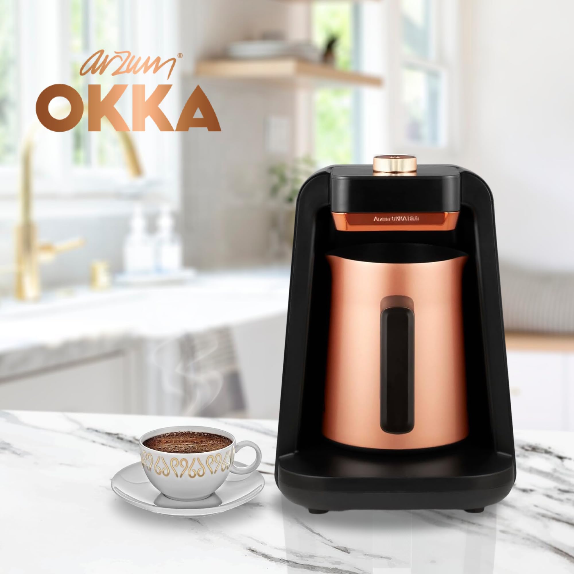 Arzum Okka Rich Spin Pro Türkische Kaffeemaschine mit 5 Tassen Kapazität, 700W Leistung, Auto Brewing Altitude Detection und Automatischem Mixer für Milchgetränke