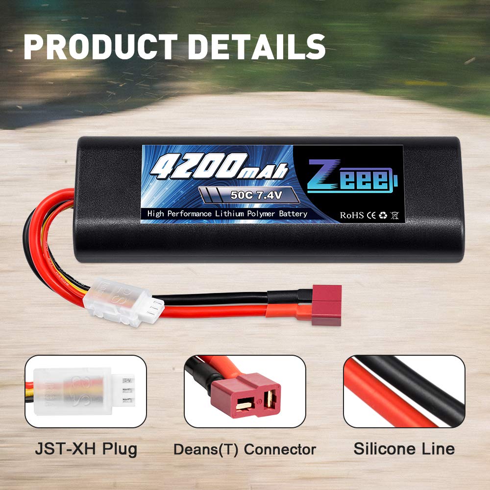 Zeee 2S Lipo Batteria 7.4V 50C 4200mAh Batteria RC con Deans T Plug per RC Auto RC Camion RC Hobby (2 pezzi)