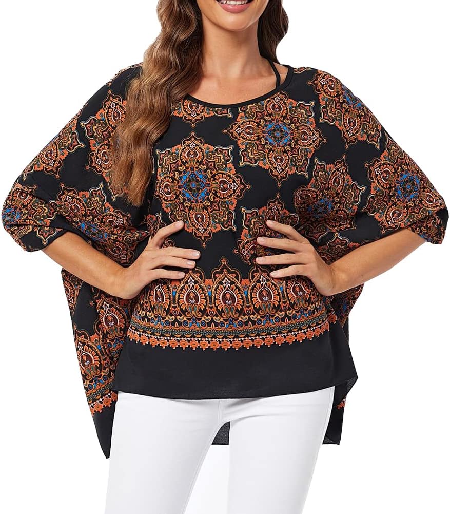 Ckikiou Womens Batwing Loose Chiffon Summer Blouse Tunic Floral Printed Boho Beach Cover ups