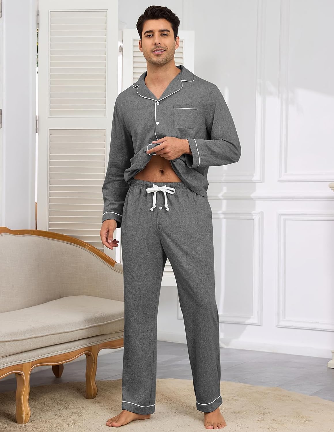 Veseacky Mens 100% Cotton Pajamas Set Long Sleeve Sleepwear Button Down Pjs Loungewear with Pockets - Image 3