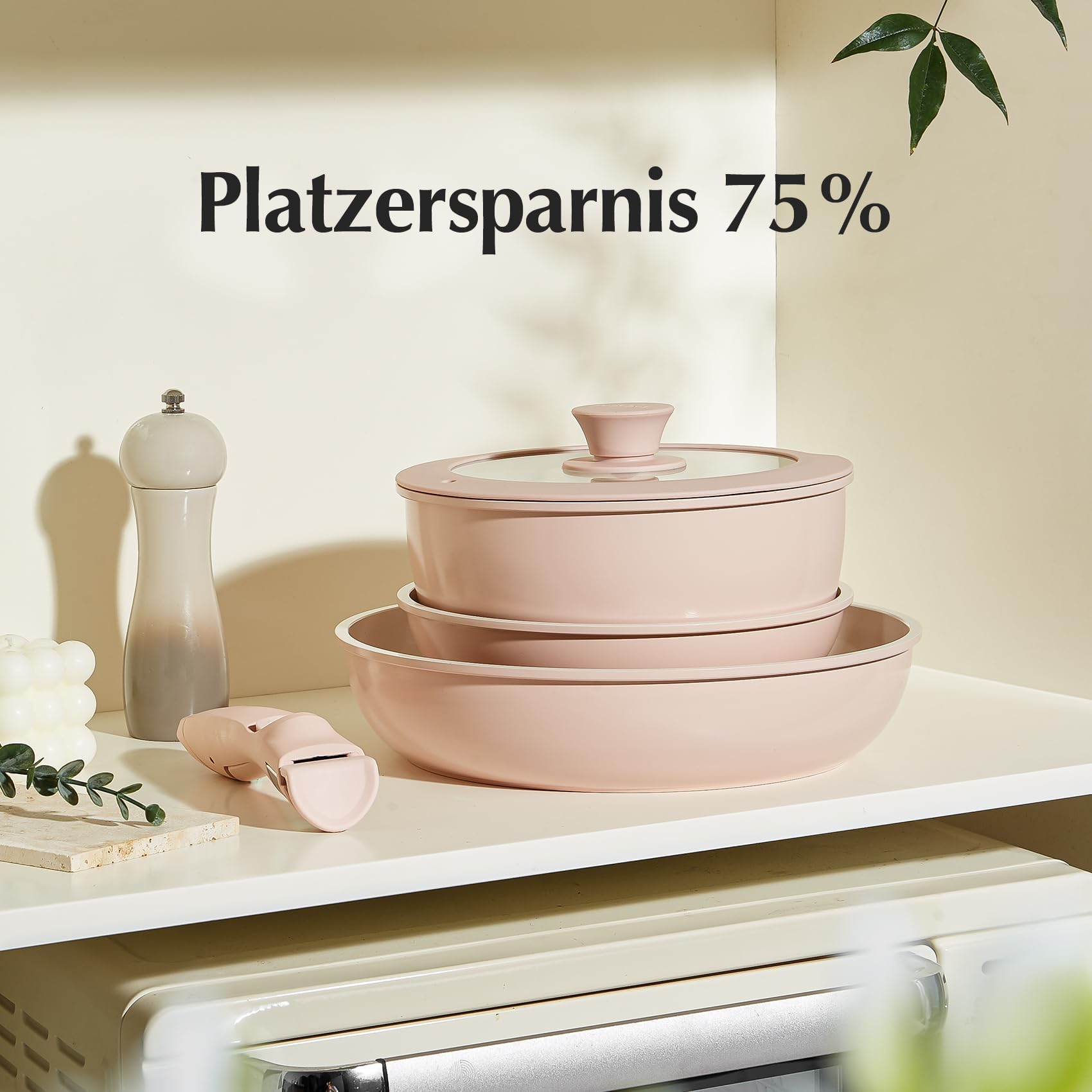 Redchef Set di pentole in ceramica con manico rimovibile, per campeggio, ceramica, non tossico, senza PFAS, senza PFOA, salvaspazio, lavabile in lavastoviglie, colore: rosa