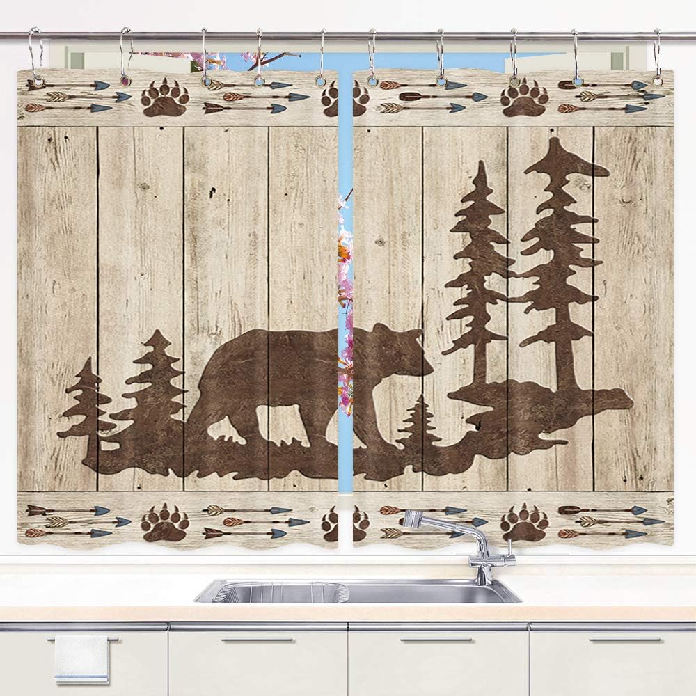 Bear Kitchen Curtains, Wild Animals Rustic Cabin Forest Bear Print Wooden Board Premium Decor Window Drapes Curtains 2 Panels, Upgrade Window Treatment Sets with Hooks, 55X39Inches