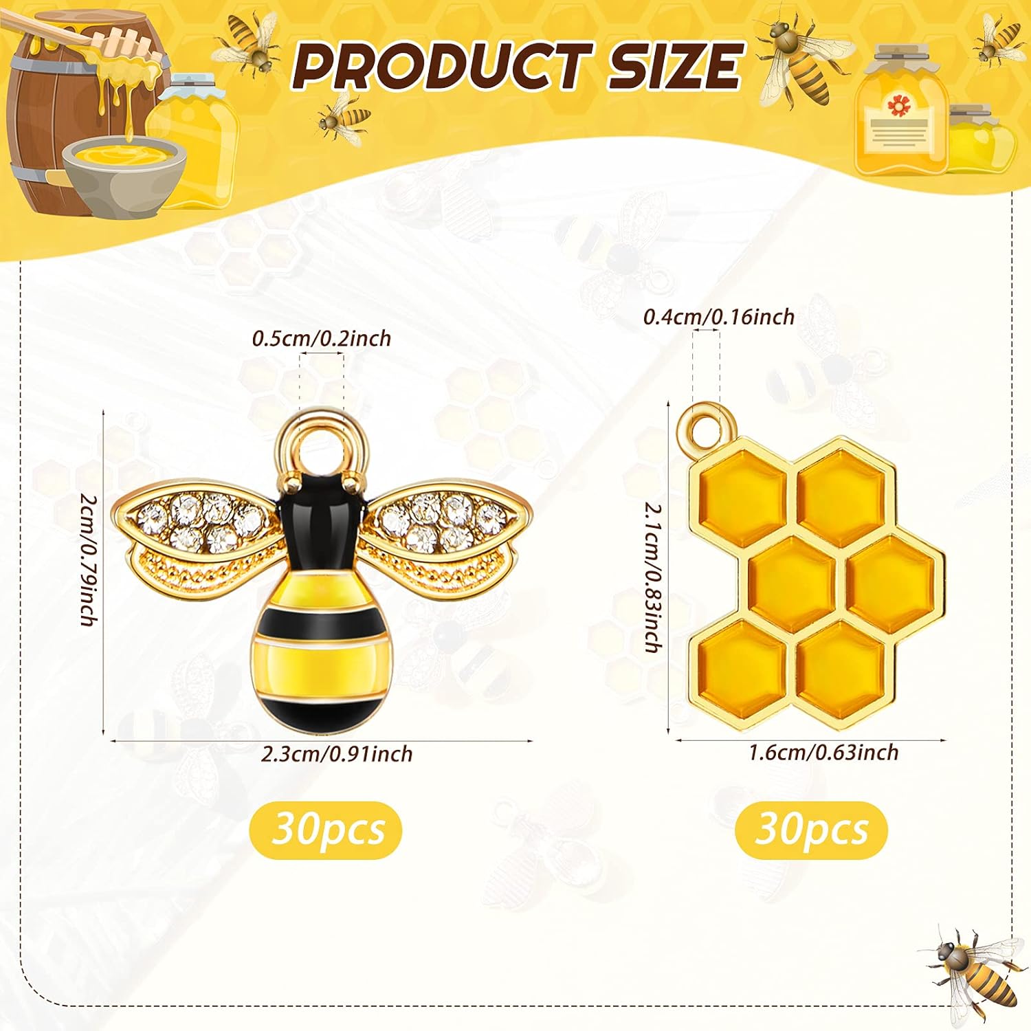 Hicarer 60 Pieces Mini Alloy Bee Honeycomb Charms for Jewelry Making Rhinestone Bee Cute Charms for DIY Pendant Earrings Keychains Making Supplies - Image 2