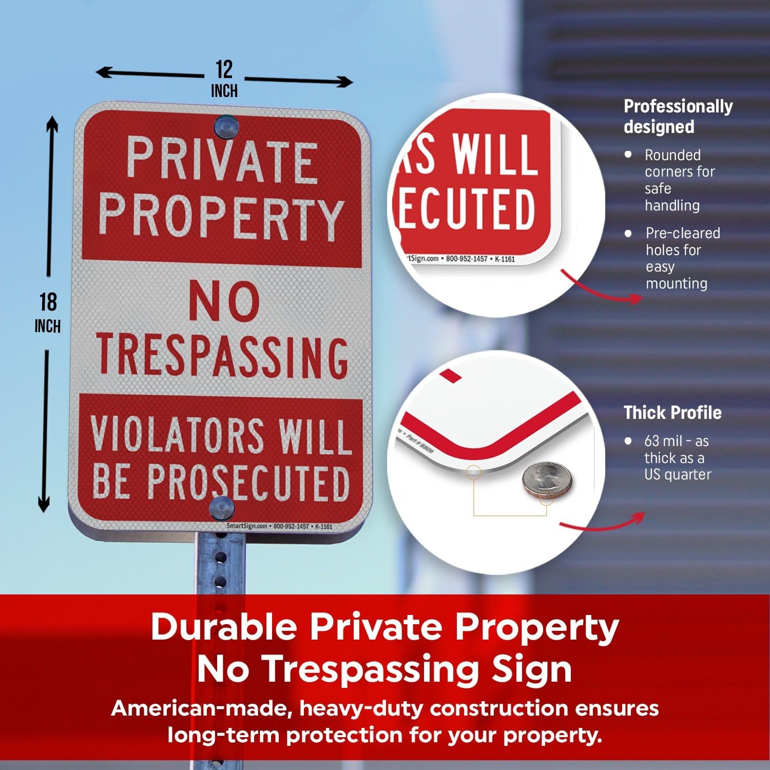 SmartSign Panneau « Private Property - No Trespassing, Violators Prosecuted » en aluminium réfléchissant de haute intensité de 3 m