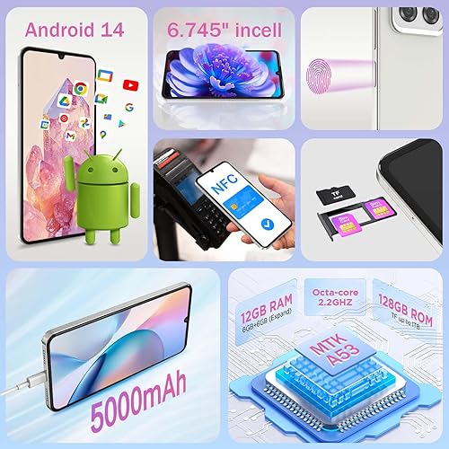 Miniatura 5 de CWOWDEFU Teléfono Android 14 desbloqueado, teléfono inteligente Android de 6.8 pulgadas, 12 GB de RAM con 128 GB de ROM, Dual SIM 4G, Octa-Core,