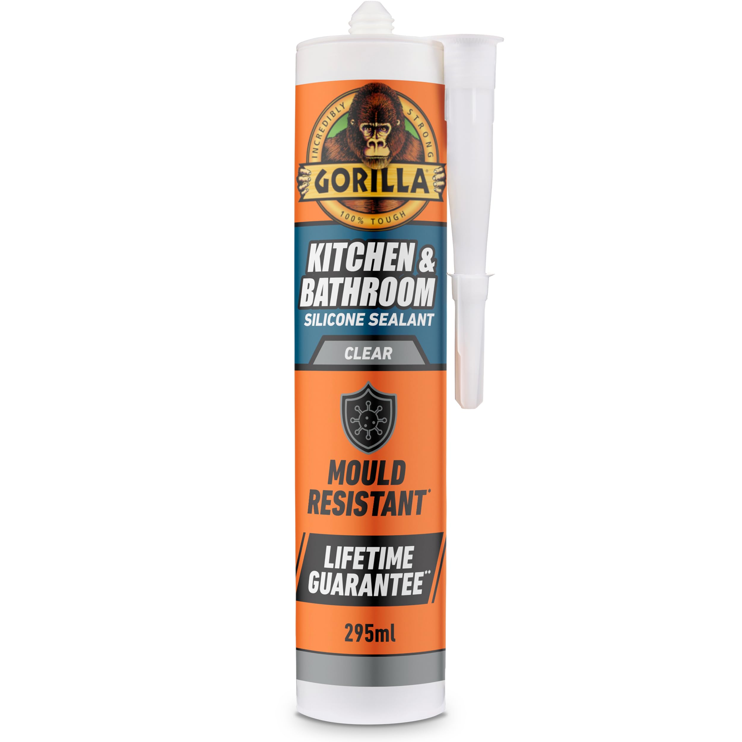 Gorilla Kitchen & Bathroom Clear Silicone Sealant, 295ml – Mould Resistant, 100% Waterproof Sealant, Shower Ready in 30 Minutes, Shrink & Crack Proof | Use on Showers, Baths, Sinks, Toilets & More