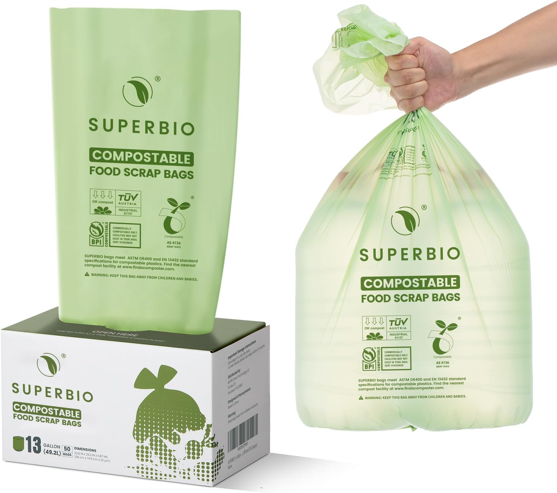 SUPERBIO 13 Gallon Compostable Kitchen Waste Bags, 50 Count, 1 Pack, Flat top Food Scrap bags, Certified by BPI and OK compost INDUSTRIAL, 49.2L, 0.87 Mil