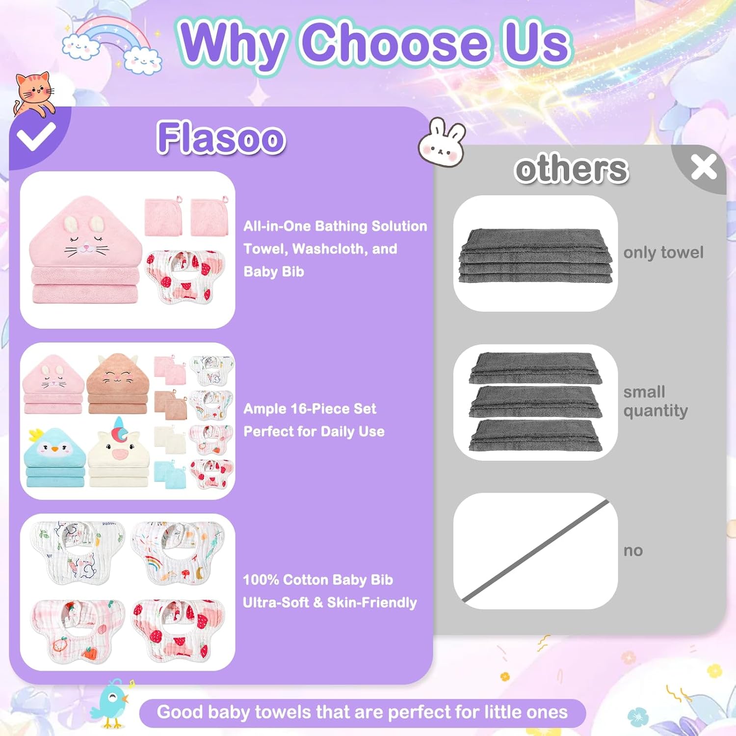 Flasoo 16 Pcs Baby Towels Set, Baby Towels and Washcloths Set,4 Pcs Animal Hooded Baby Towels, 4 Pcs Baby Bibs & 8 Pcs Washcloths Set for Infants, Toddlers and Kids-Unicorns, Rabbits, Kittens & Chicks