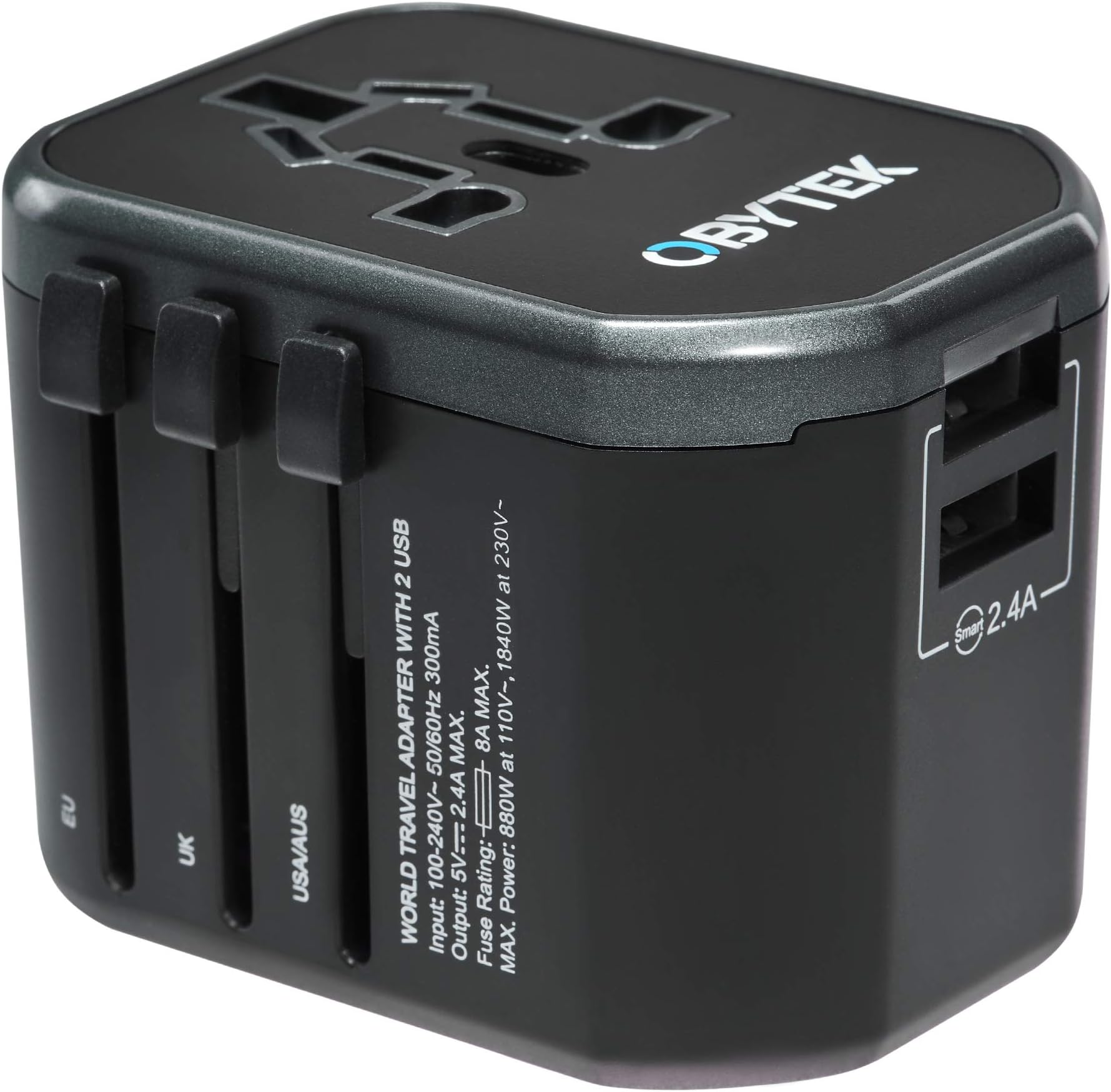 Portable Universal Travel Power Adapter Plug 2.4A - 2 x Fast-Charge USB Ports - Safe and Fireproof - International Wall Charger Adapter for Smartphone, Tablet and All Devices - Works in US/UK/EU/AU