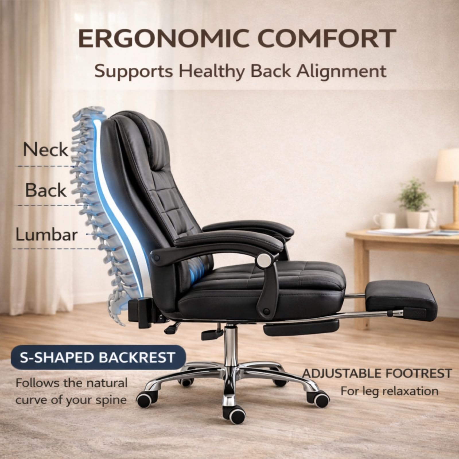 Krzesło biurowe – ergonomiczne krzesło biurkowe z podparciem lędźwiowym zagłówek, regulowane, wyściełane podłokietniki, wygodna poduszka do siedzenia, wysokie oparcie, krzesło kierownicze