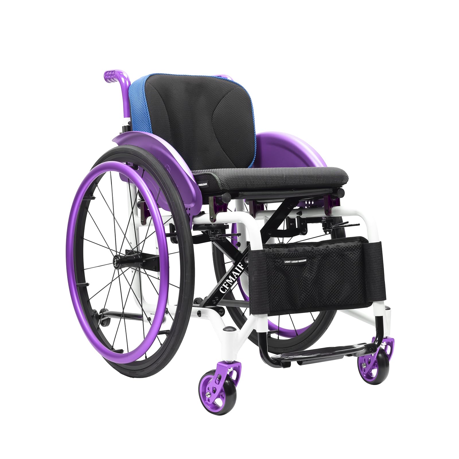 Składany wózek inwalidzki, wózek spacerowy dla osób niepełnosprawnych, aluminium, składany podnóżek, wąski wózek inwalidzki (rozmiar: 42 cm/16,2 cala siedzisko, kolor: fioletowy)