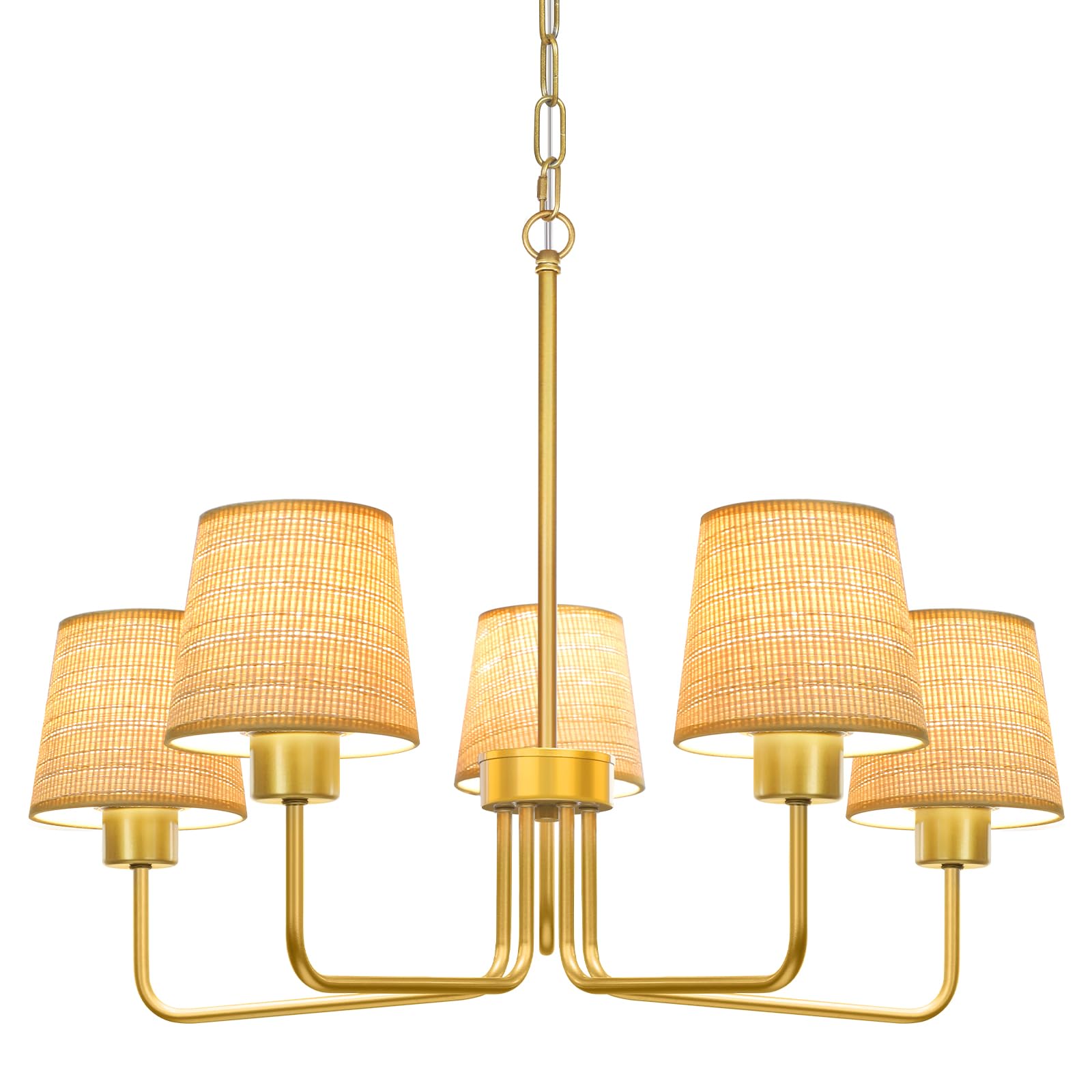Gold Chandelier Lighting Living Room,5 Lights Metal Pendant Light Fixtures with Handmade Rattan Shade,Farmhouse Chandeliers Ceiling Light for Kitchen Island Dining Room Bedroom Hall,Height Adjustment