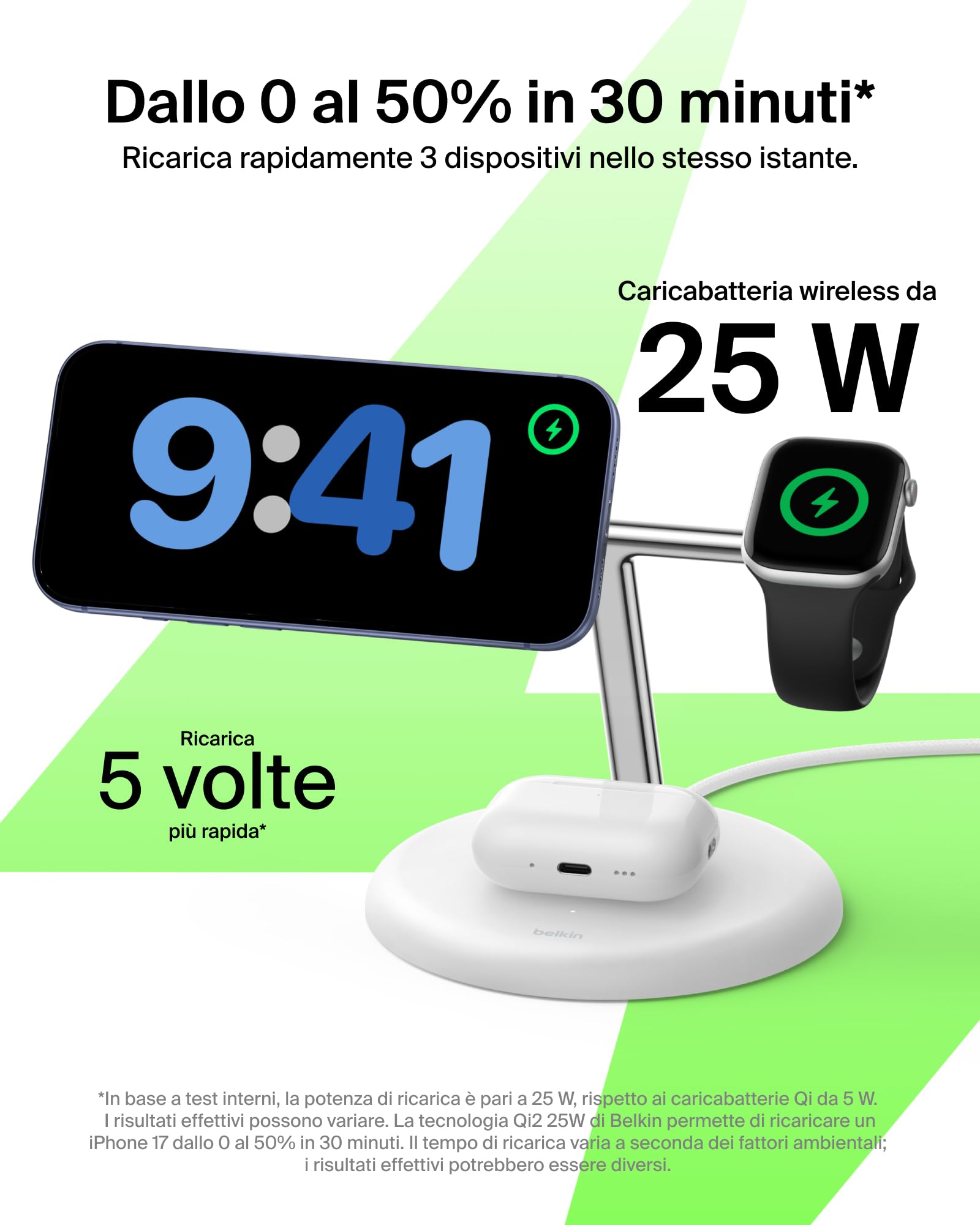 Belkin UltraCharge Caricatore Wireless Qi2.2 25W 3 in 1 - Bianco | Caricatore Wireless Magnetico MagSafe, Certificato Qi2.2 per iPhone, Apple Watch, Auricolari, Cavo USB-C e Alimentatore 45W