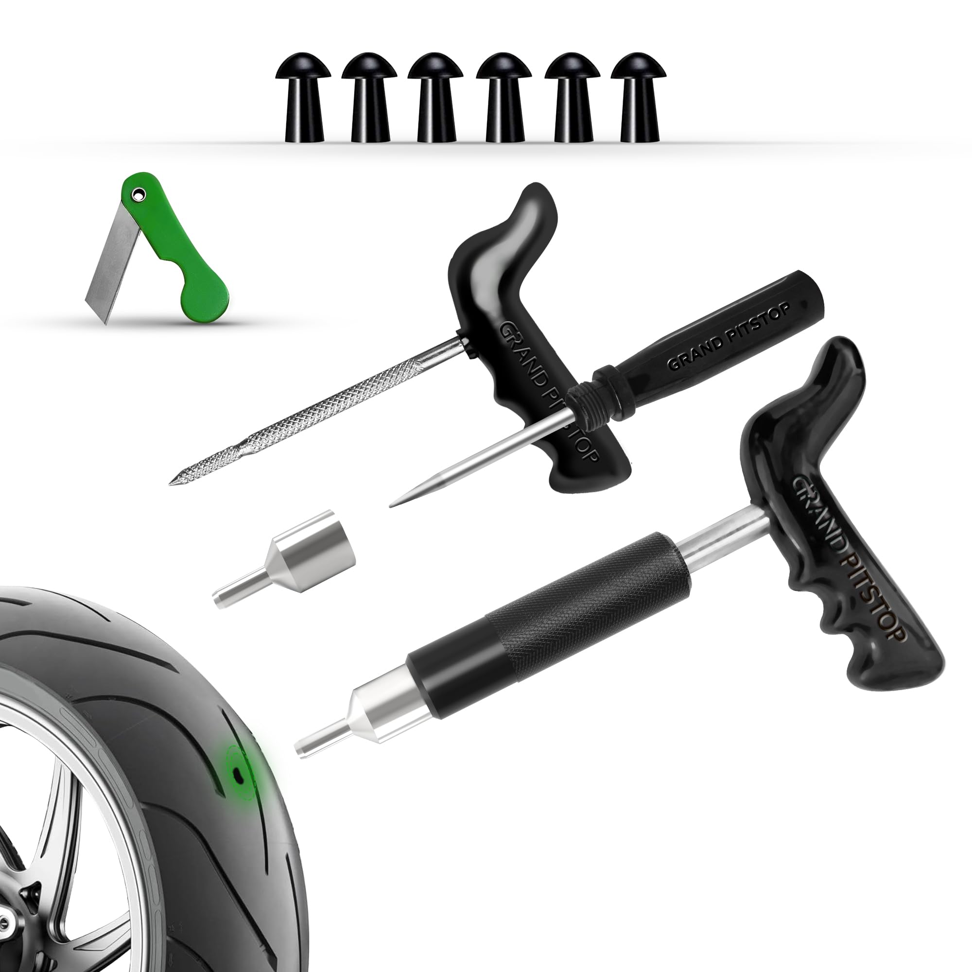 GRAND PITSTOP 11 Pcs Tubeless Tire Puncture Repair Kit with Mushroom Plug for Tyre Punctures and Flats on Cars, Motorcycles, ATV, Trucks &amp; Tractors