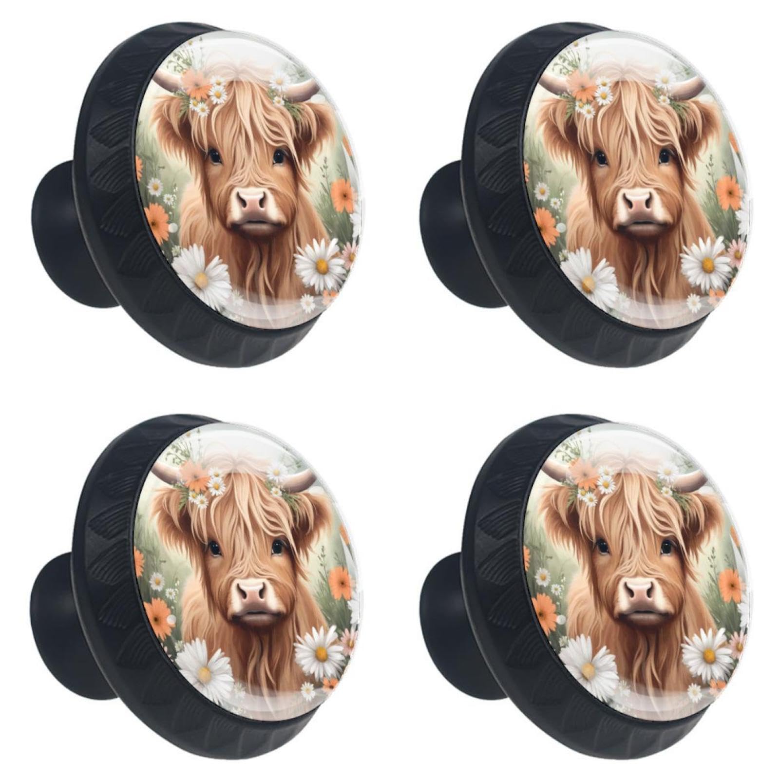 Newzone Multicolored 11 4 Pack Drawer Pulls Highland Cow Daisies Cabinet Knobs Round Dresser Drawer Knobs Black Dresser Knobs Drawer Knobs Cabinet Hardware For Kitchen Bathroom Cupboard