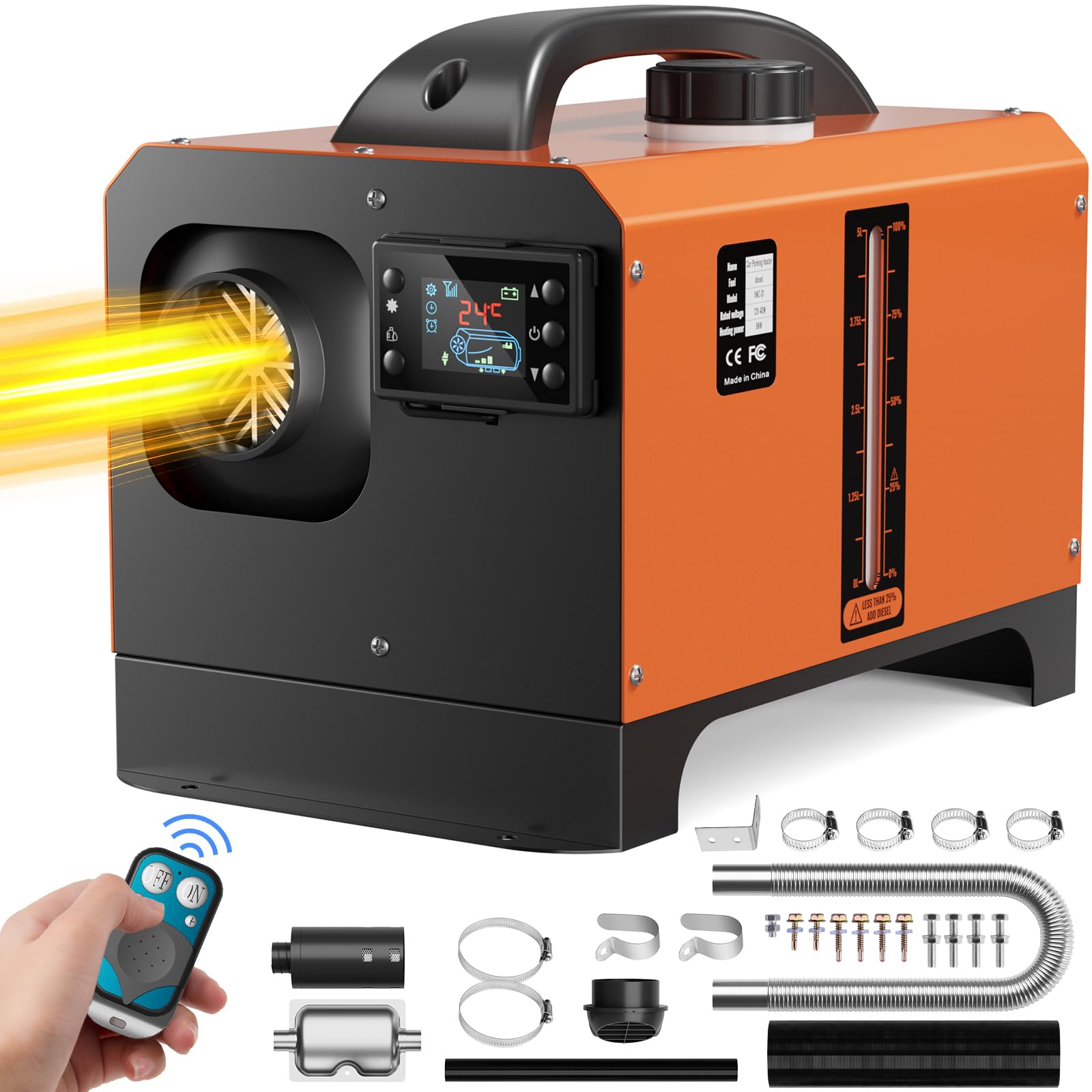 8KW Portable Diesel Heater, 12V Diesel Air Heater with Remote Control and LCD Screen, All-in-one Parking Heater, Low Noise, Fast Heating, Diesel Heater for Truck, RV, Trailer, Camper, Boat,Orange