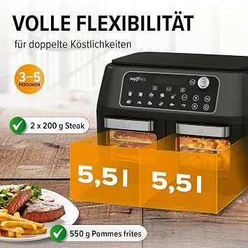 MAXXMEE Hot Air Fryer Double Chamber 11 Litres Clever Combination of Hot Air Oven Grill & Fryer with 2 XXL Deep Fryer Compartments with 5.5 Litres Each Digital Control Panel and Viewing Window