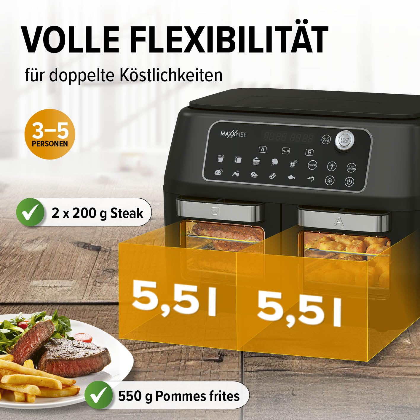 MAXXMEE Heißluft-Fritteuse Doppelkammer 11 Liter | Clevere Kombination aus Heißluftofen, Grill & Fritteuse mit 2 XXL-Frittierfächern mit je 5,5 Litern | Digitales Bedienfeld und Sichtfenster