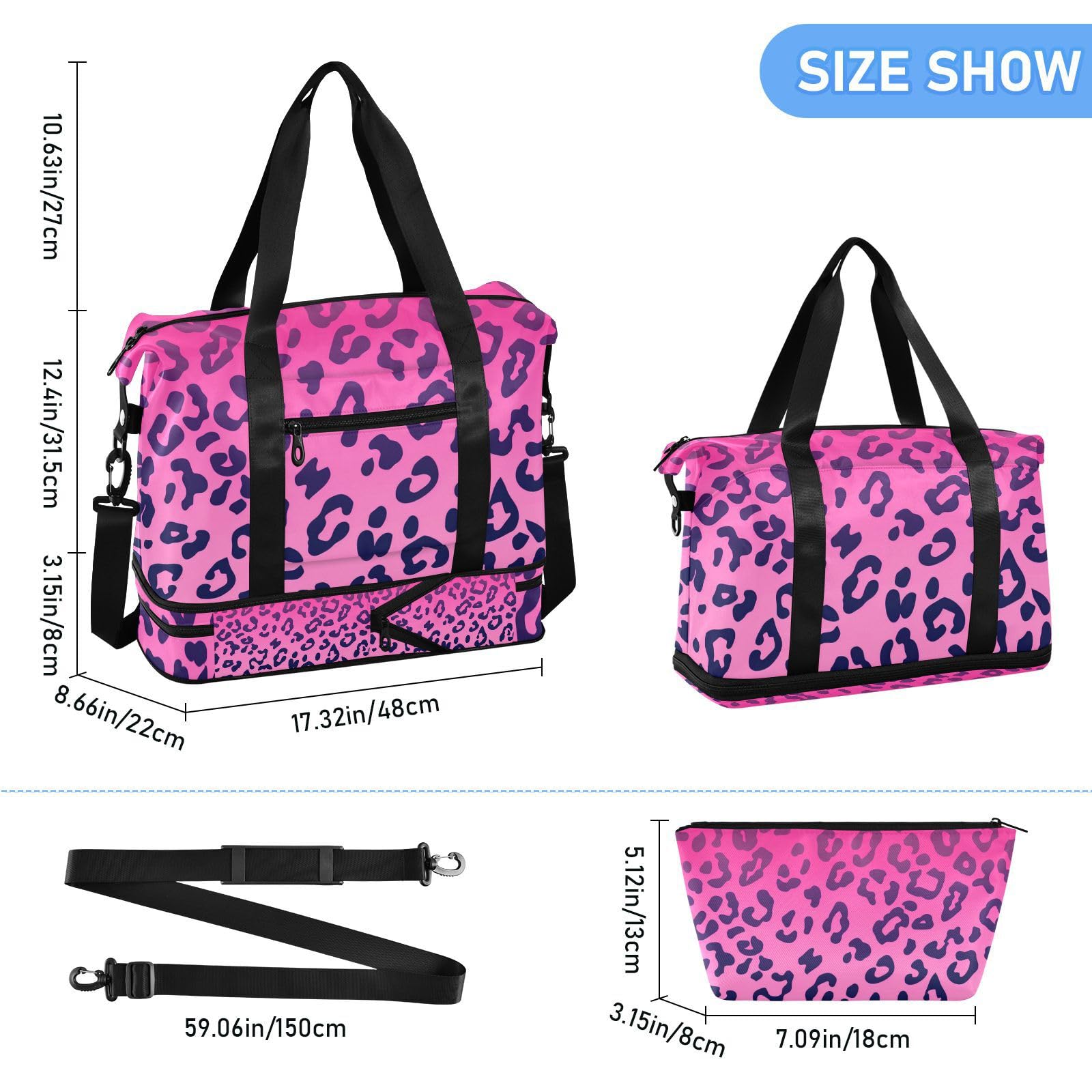 Bolsa de mano con estampado de leopardo rosa rosa con bolsillo para mojado y correa ajustable, bolsa de entrenamiento para yoga, impermeable, para hombres y mujeres