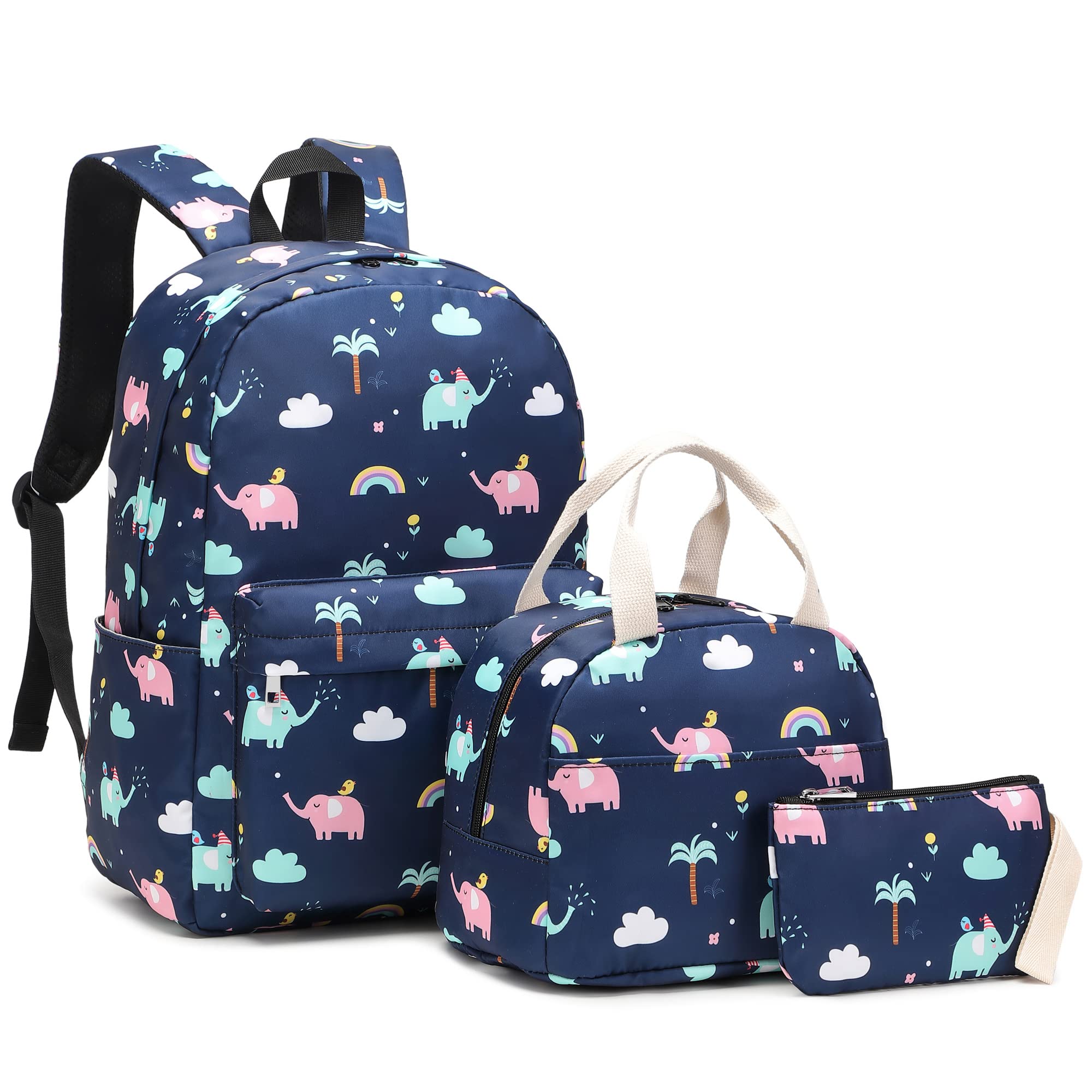 Xunteny Elephant Girls School Backpack for Kids Teens, Elementary Middle School Backpacks Bookbag Set with Lunch Bag Pencil Case (Blue)