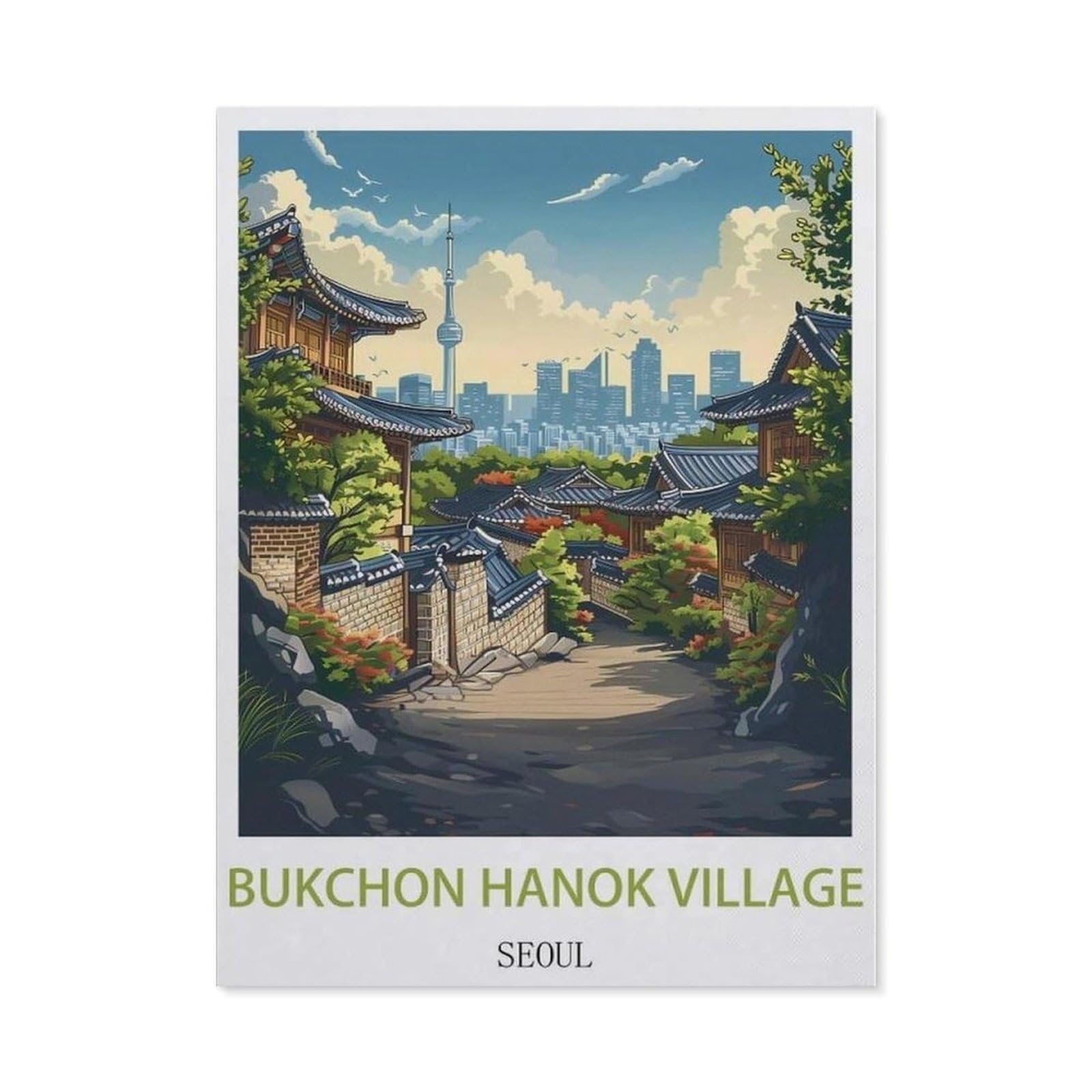 Beayodkp （50 X 60 Cm/19.68 X 23.62 Inches） Diy 5D Diamond Painting，Bukchon Hanok Village Seoul Vintage Travel Poster，Round Diamond, Used For Room Decoration-Ch47