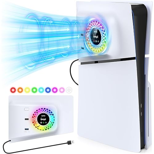 PS5 Slim Cooling Fan with RGB Lights, Temperature Sensor, 3 Speed Settings, USB 3.0 Hub